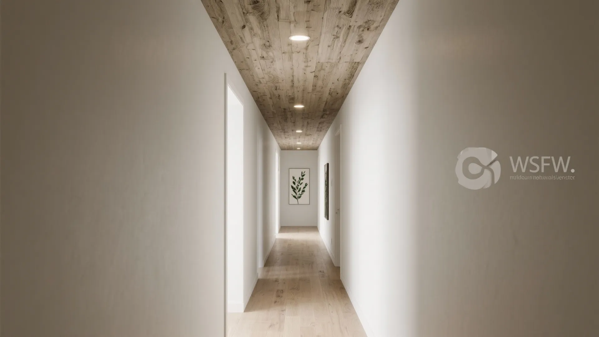 Modern hallway with white walls and a warm wooden ceiling featuring several small round lights