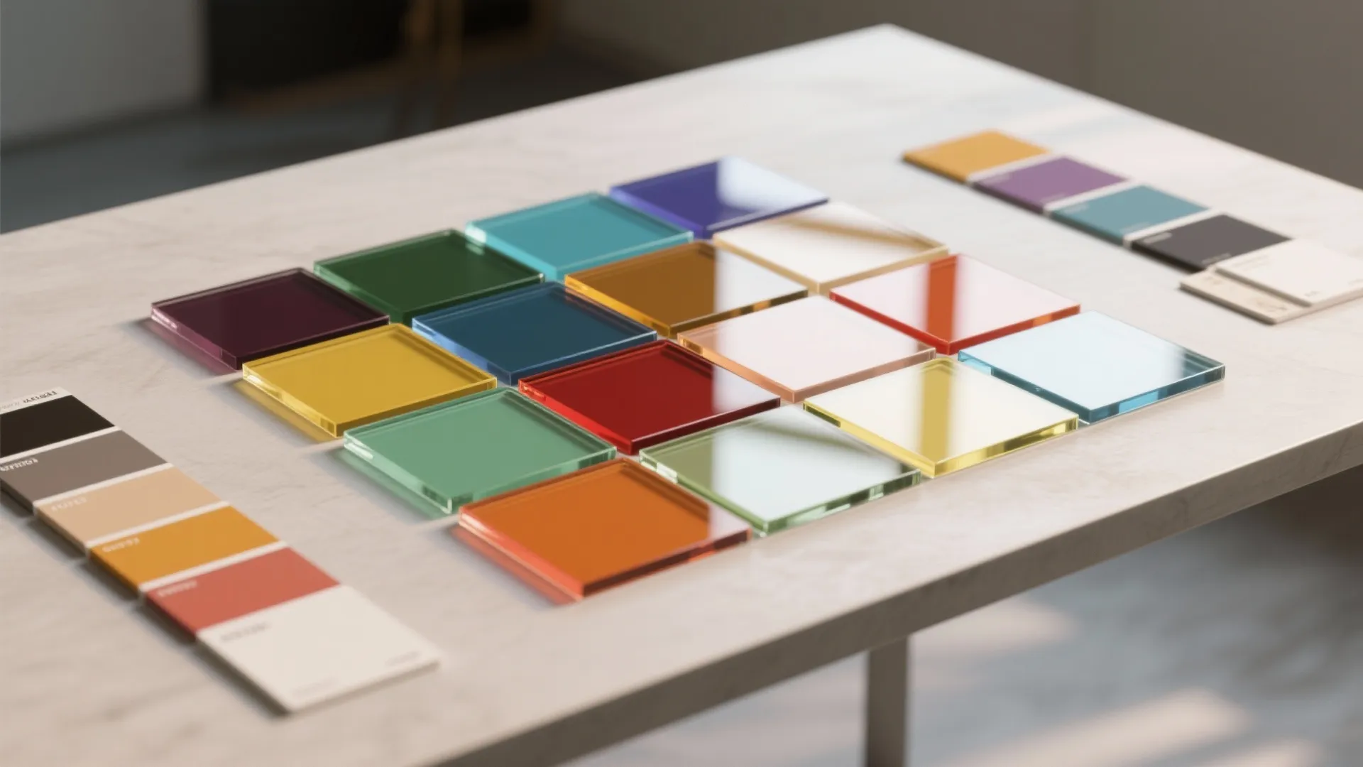 Colorful square glass material samples on white table with interior design color palette for home