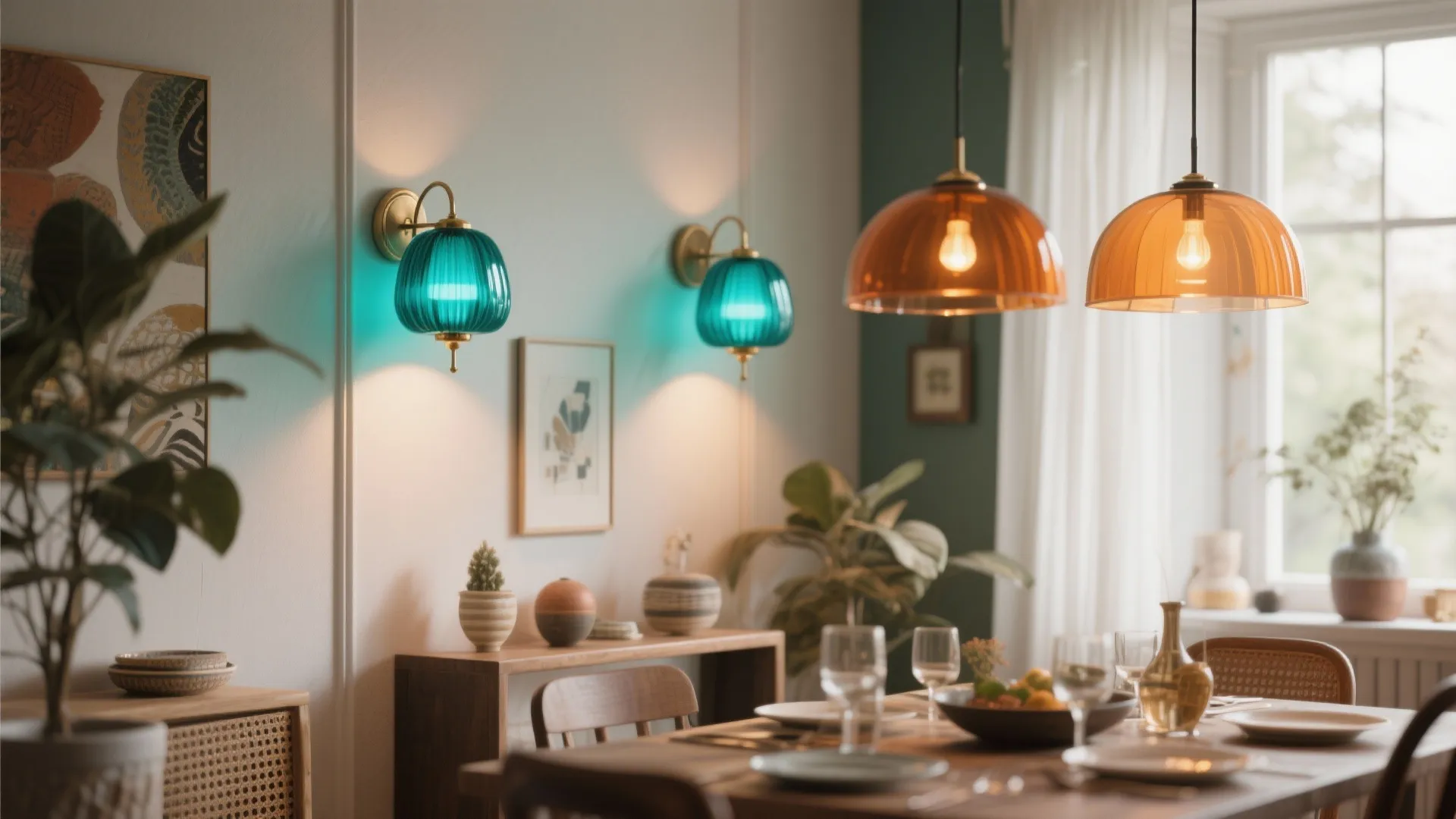 Dining space with amber and teal glass wall sconces