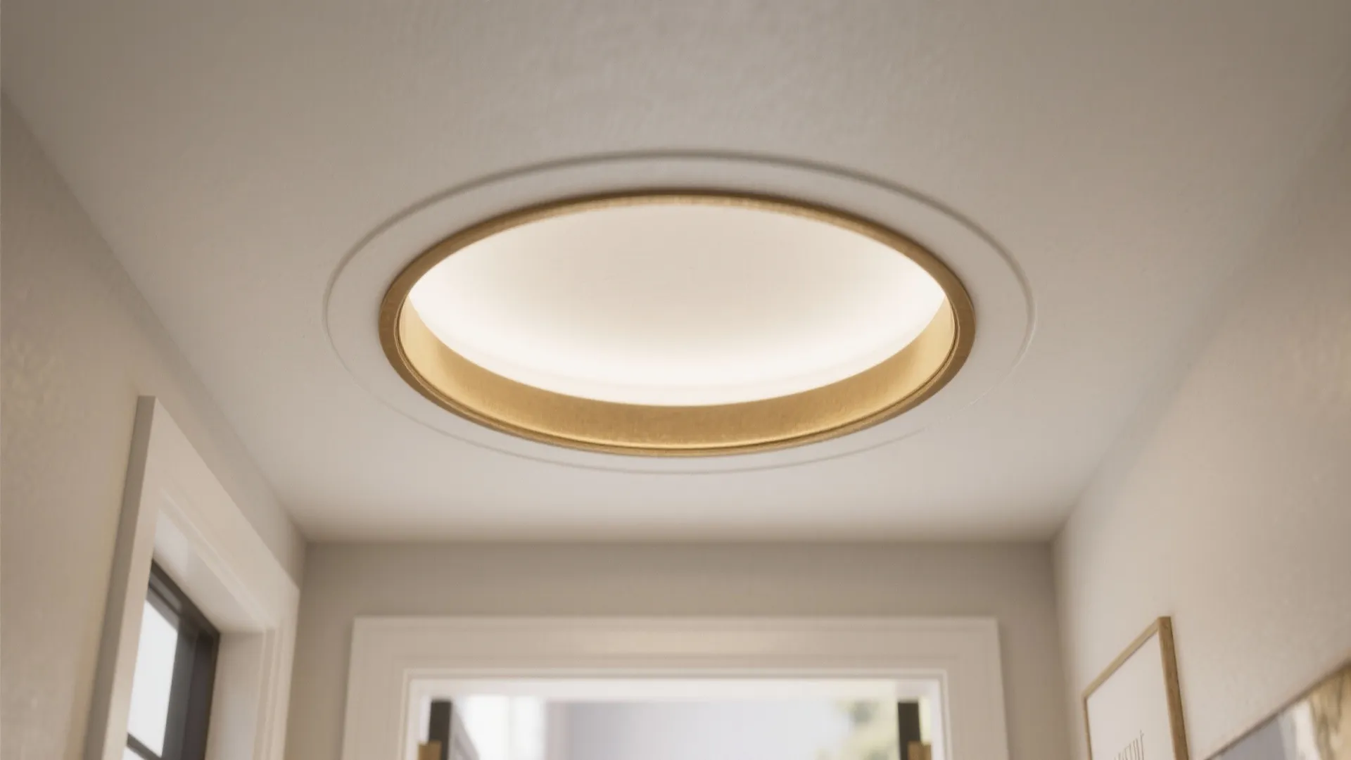 Circular ceiling light with a gold inner ring installed in a white hallway ceiling area