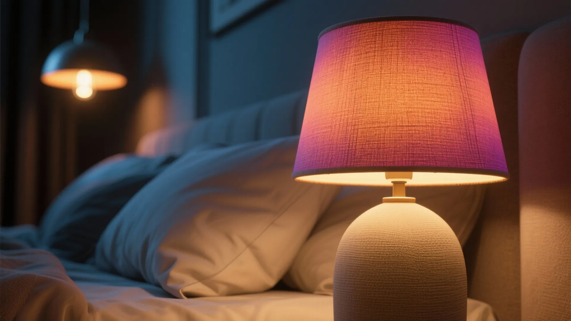 Close-up of a bedside lamp with a colored lampshade casting warm light over linens