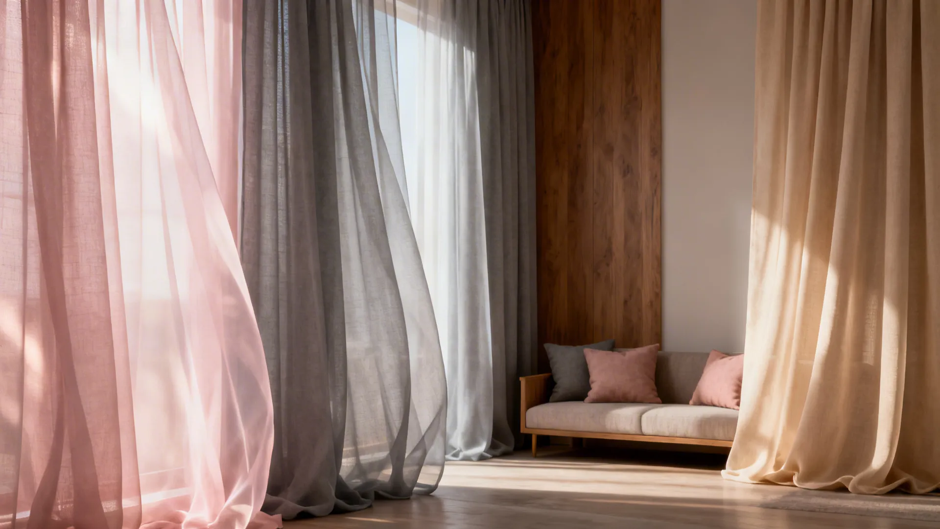 Moodboard showing colored sheers in blush, dove gray and sandy beige with a living room vignette.