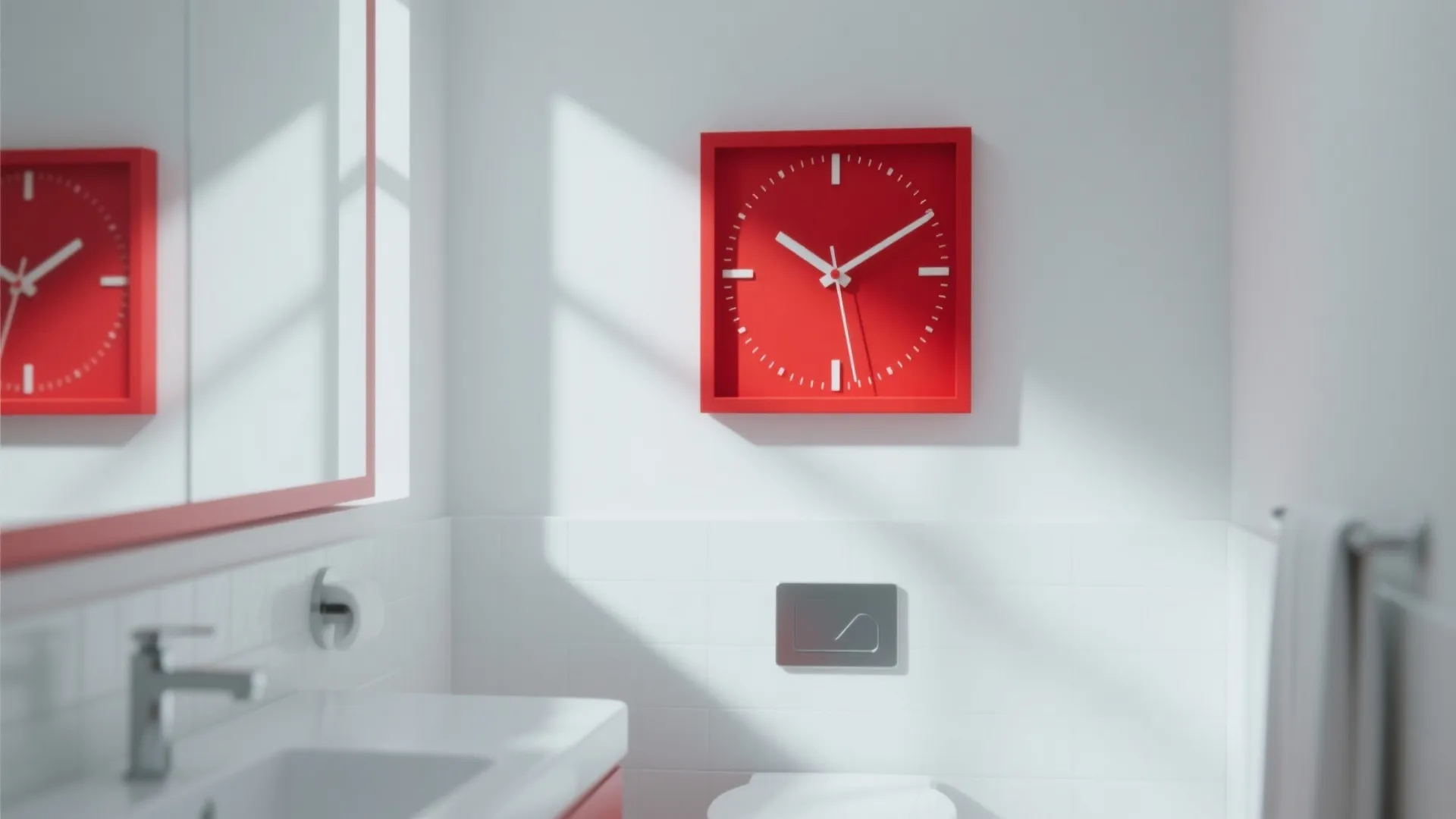 Modern white bathroom with red square clock on wall above toilet next to a sink