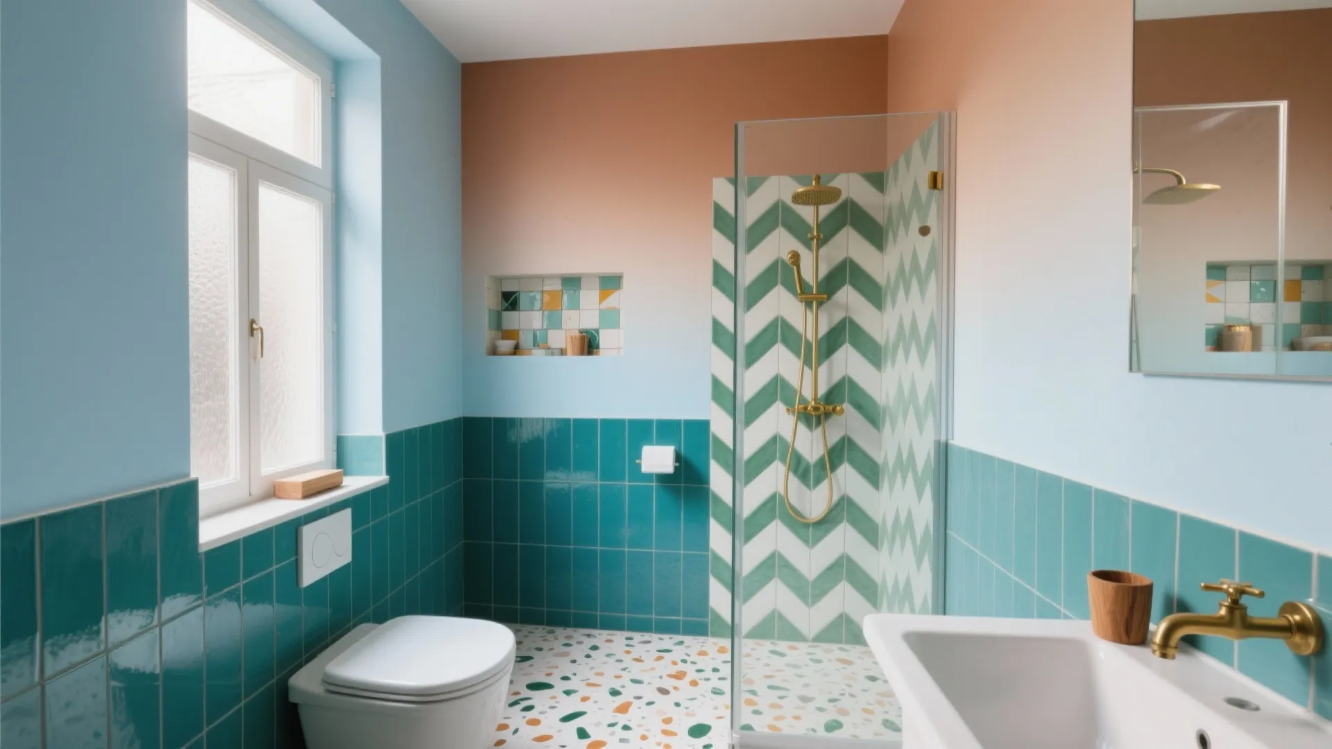 Colorful bathroom with teal wall tiles orange wall paint speckled floor and green chevron shower