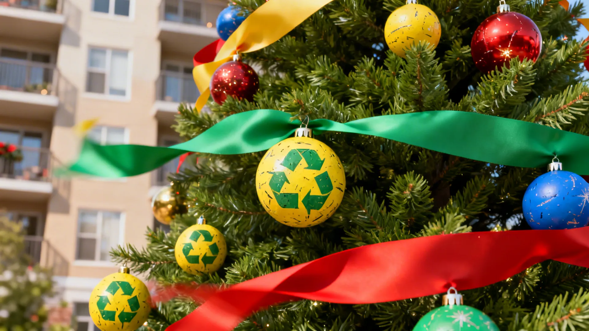 4. Pop of Color: Recyclable Baubles and Fabric Ribbons
