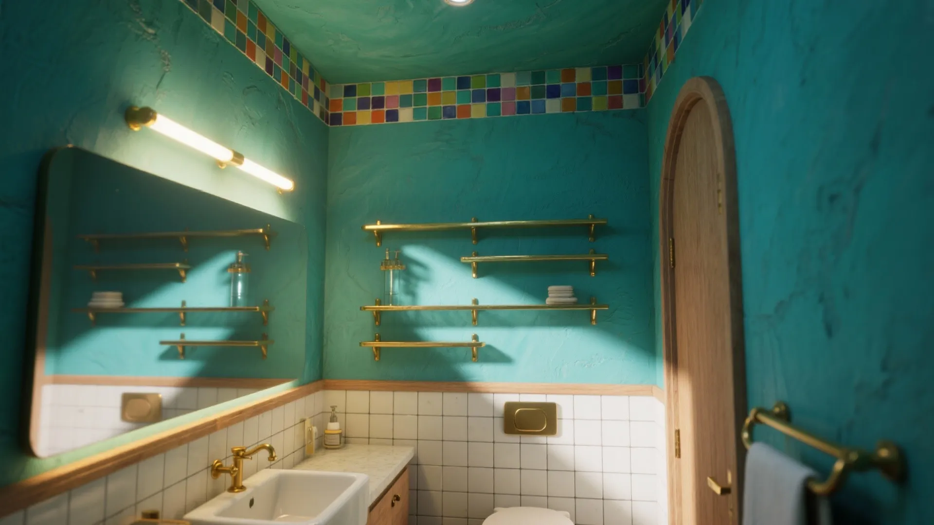 Bright turquoise bathroom with mosaic tile border, gold wall shelves, large mirror, and white sink