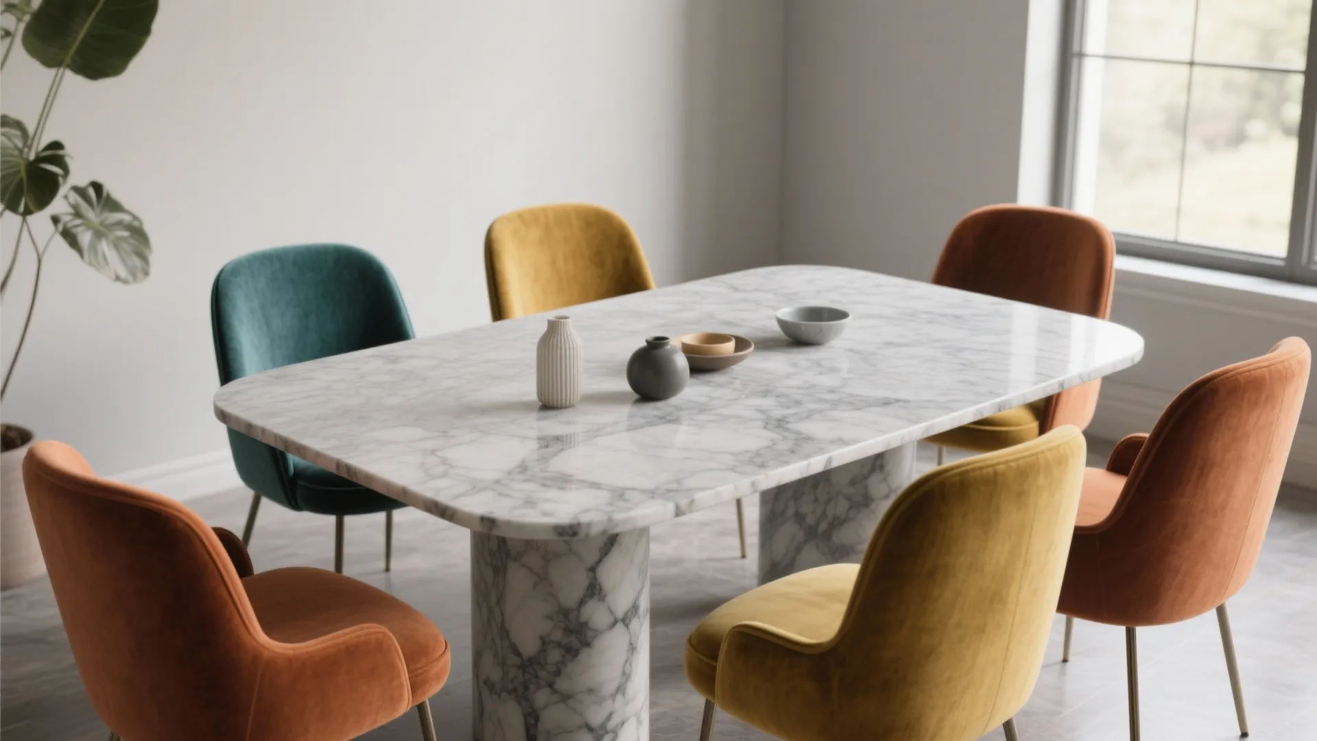 Bright dining area with marble table colorful velvet chairs decorative bowls and green plant leaf