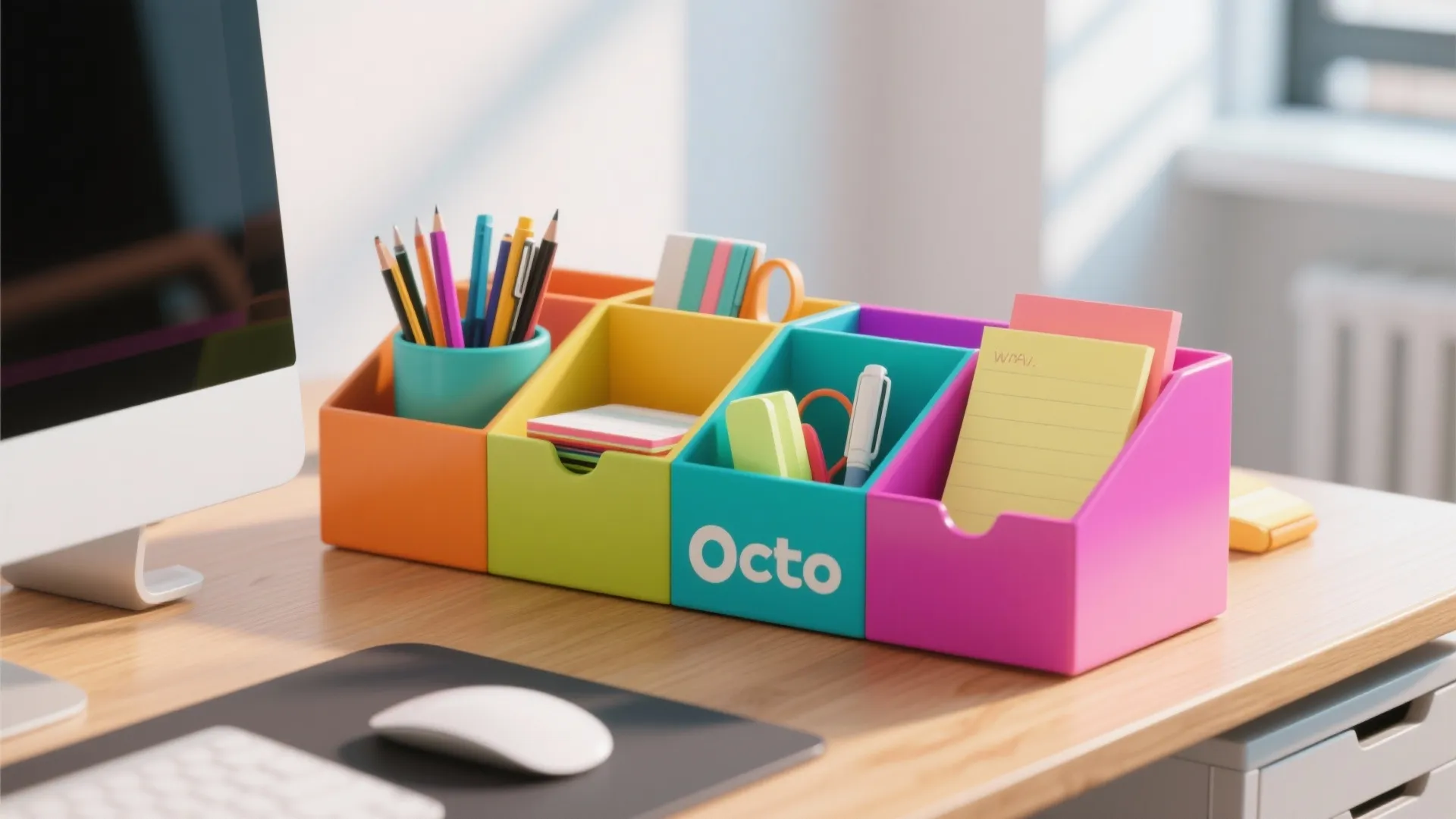 Colorful multi-section plastic desk organizer holding pens and sticky notes on a light wooden desk