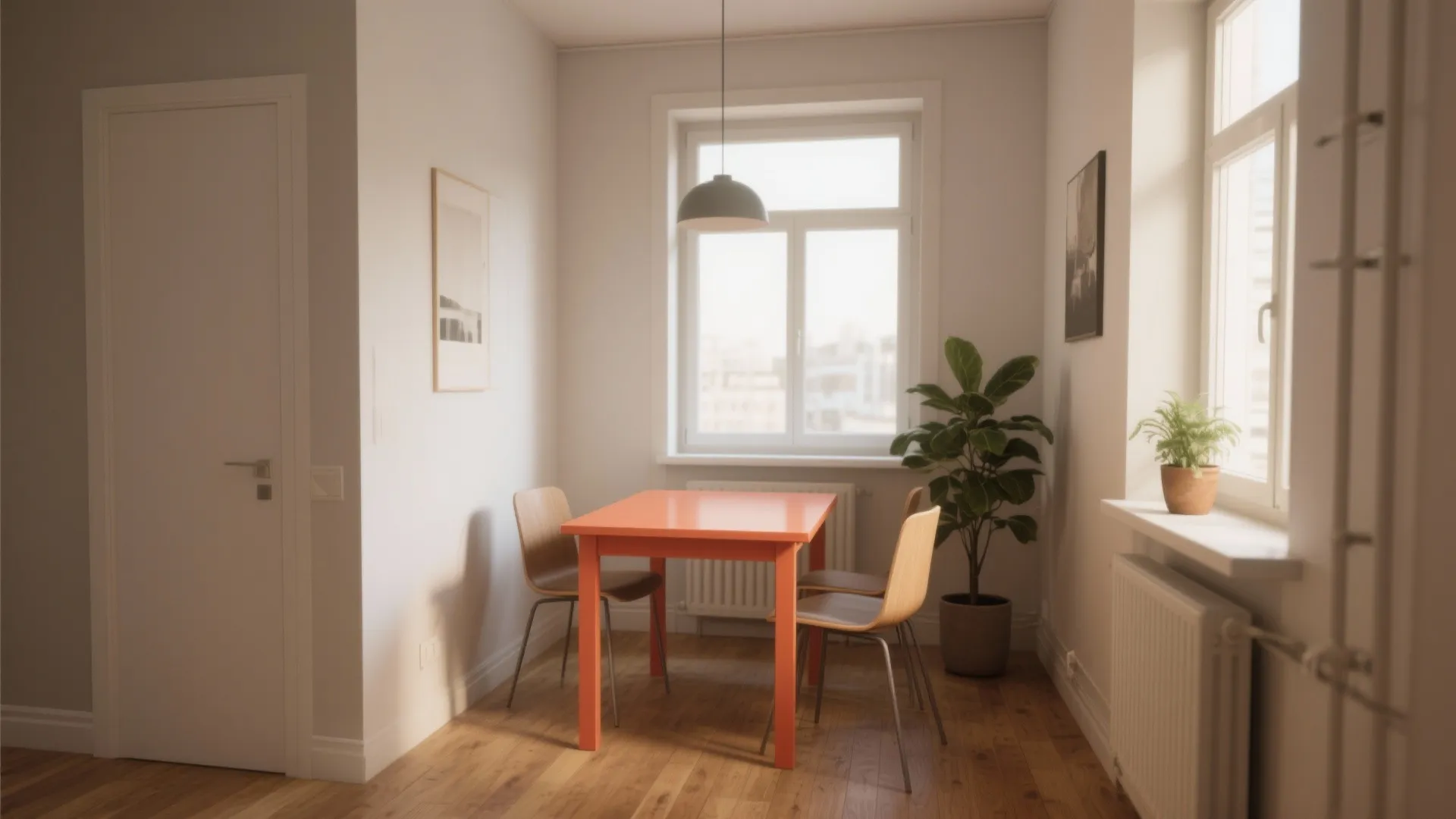 Minimalist dining room with orange table, wooden chairs, green plant, window, and grey ceiling light