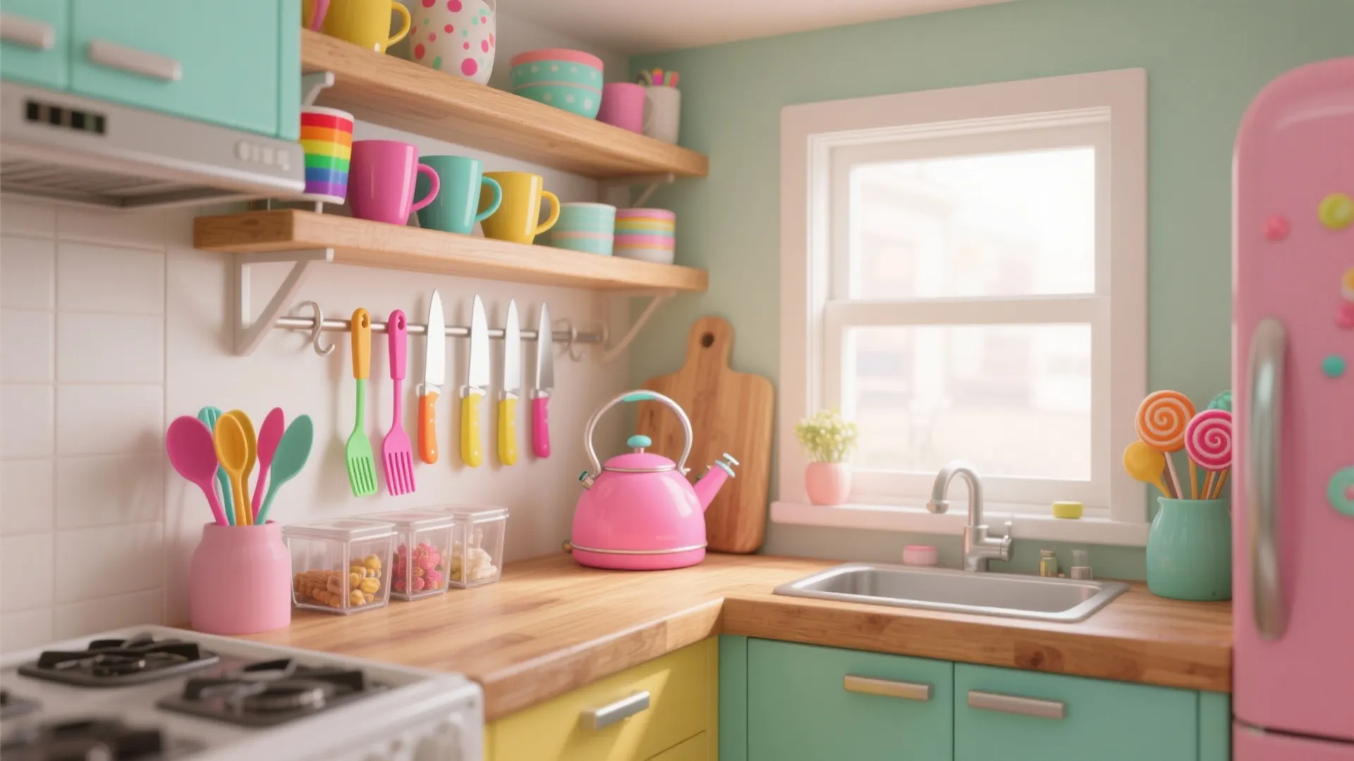 Colorful pastel kitchen with pink fridge and green cabinets featuring wood countertop and bright accessories