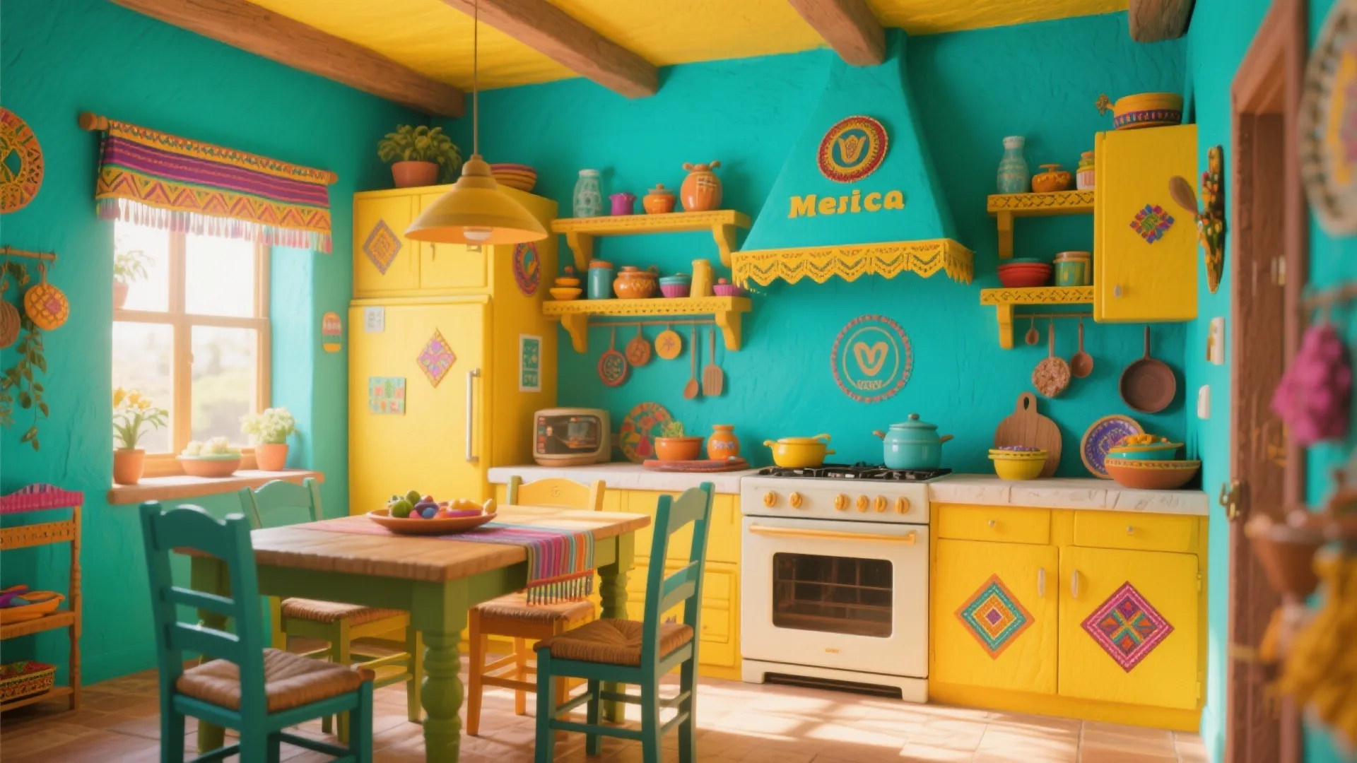Vibrant kitchen with turquoise walls yellow cabinets wooden table and colorful decorations in Mexican style