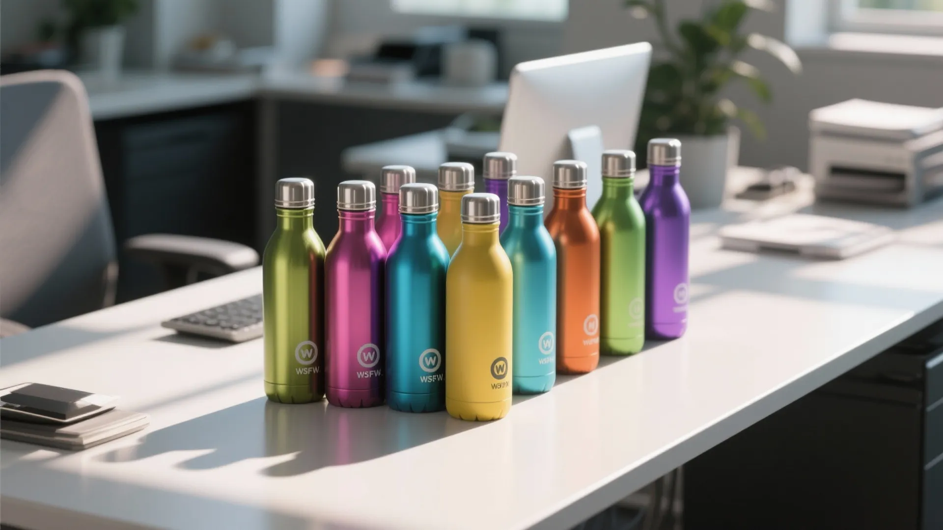 Vibrant reusable bottles in different colors on desk