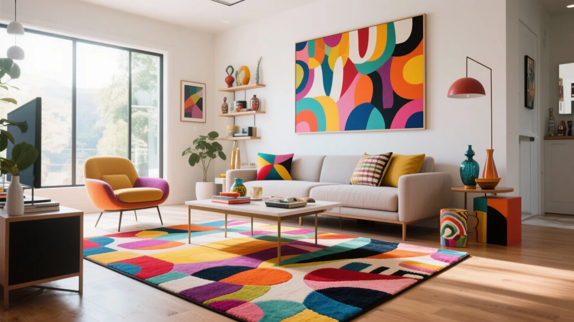 Modern bright living room featuring grey sofa yellow chair and a very colorful abstract rug