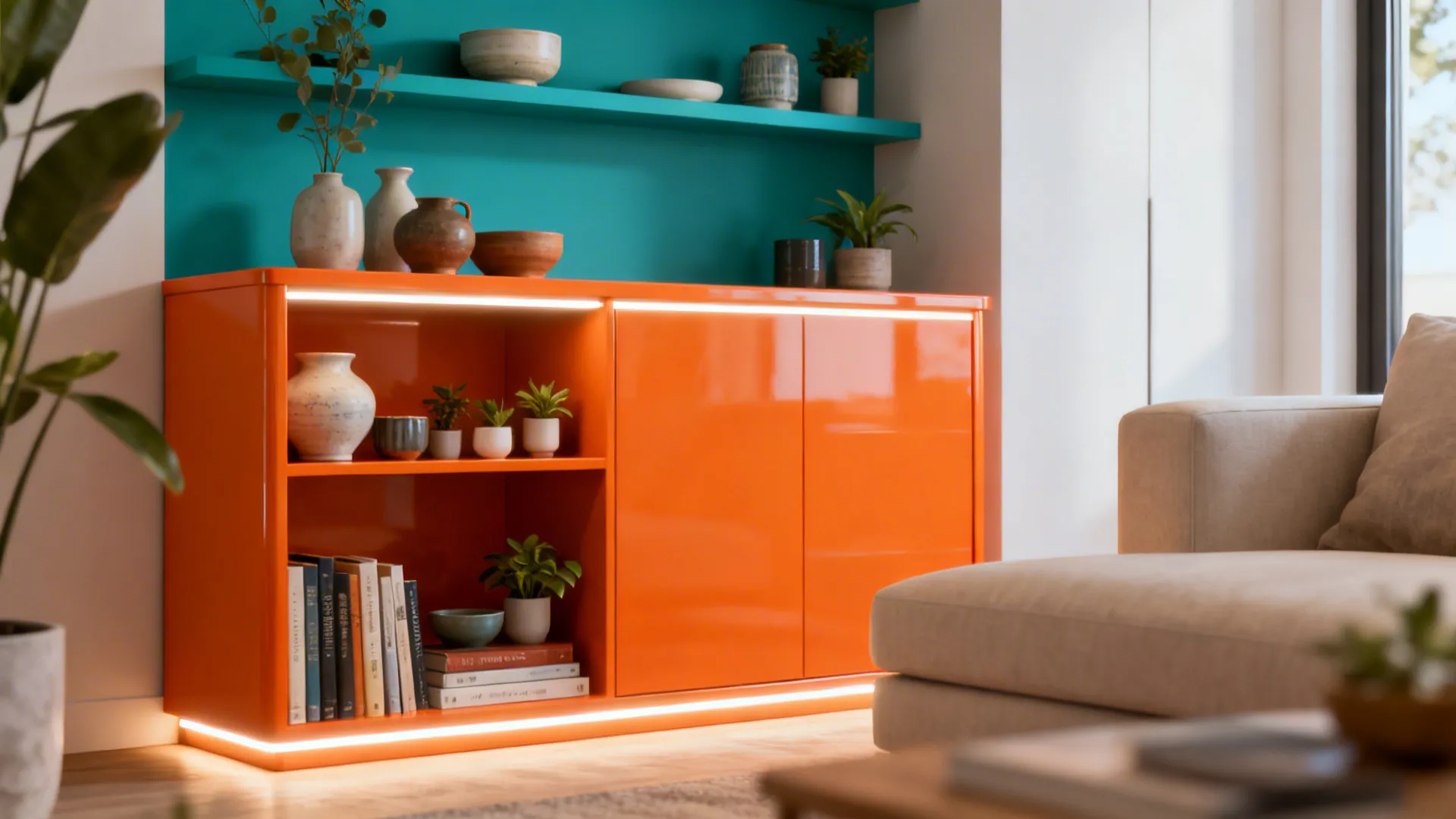 Citrus-orange console and colorful open shelving with ceramics and plants in a small living room.