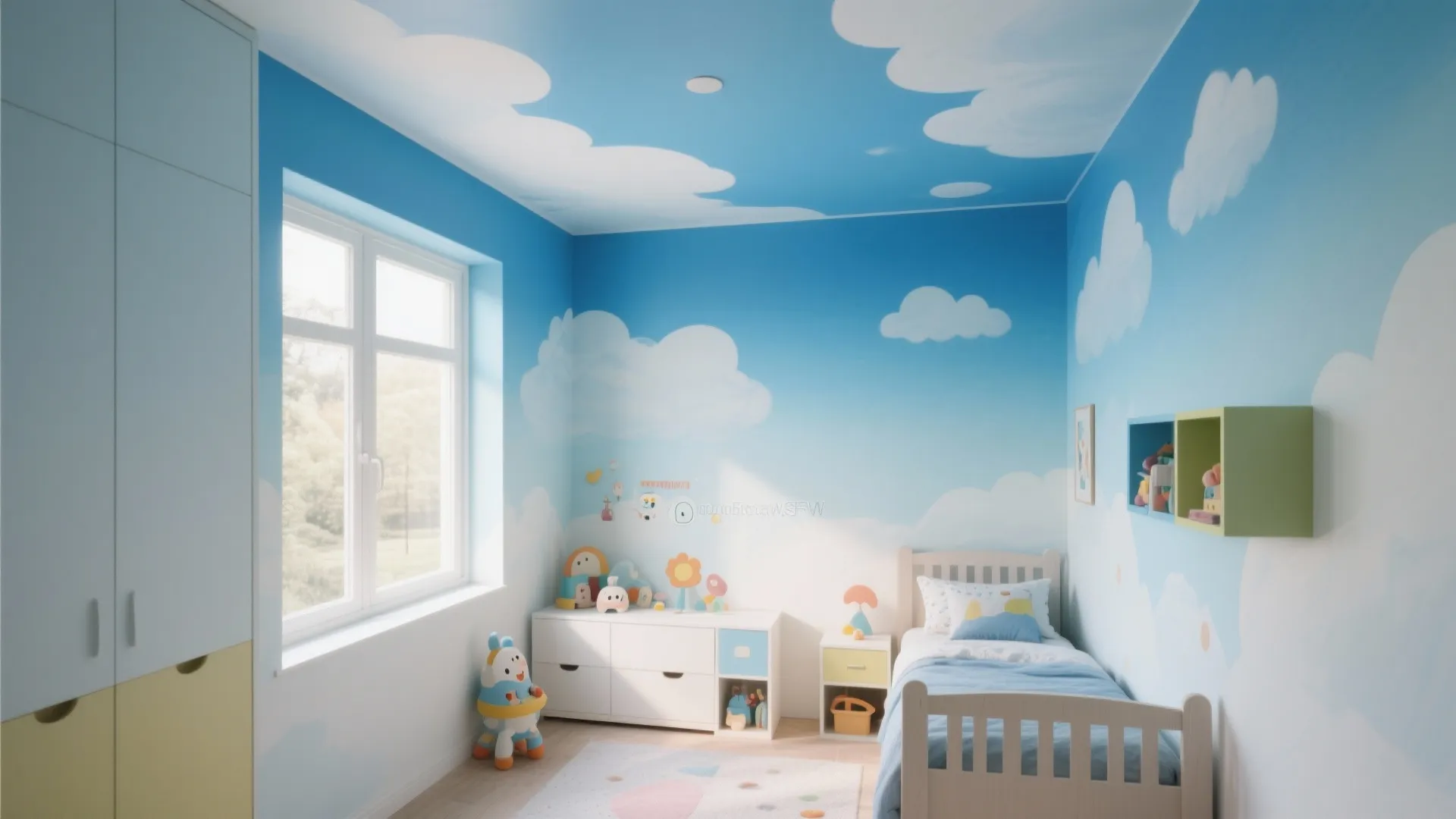 Bright blue kids bedroom featuring clouds painted on the walls and ceiling with white furniture