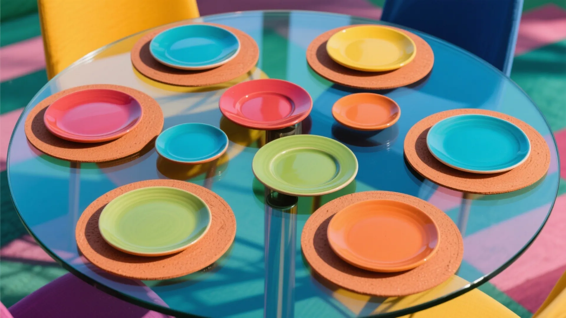 Glass dining table with colorful plates on round placemats including blue yellow red and green