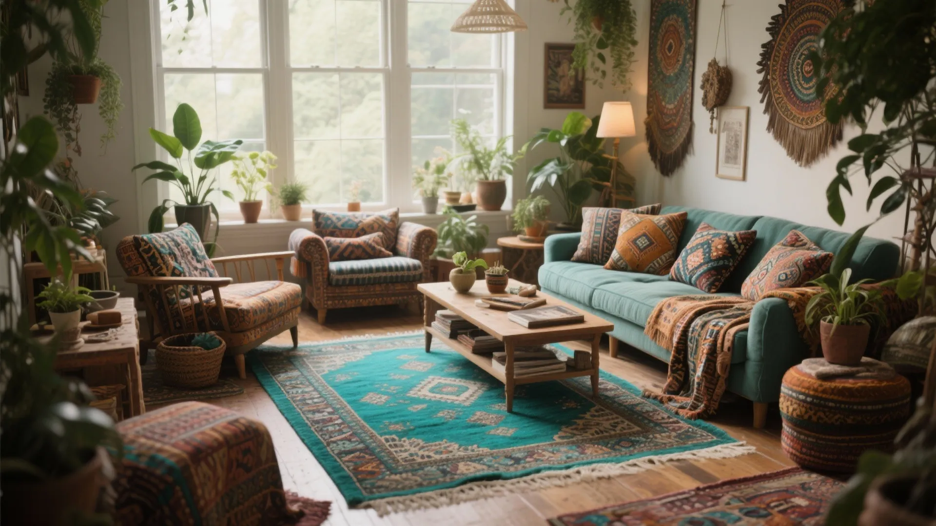 Bohemian living room featuring teal sofa patterned pillows bright area rug and many green plants
