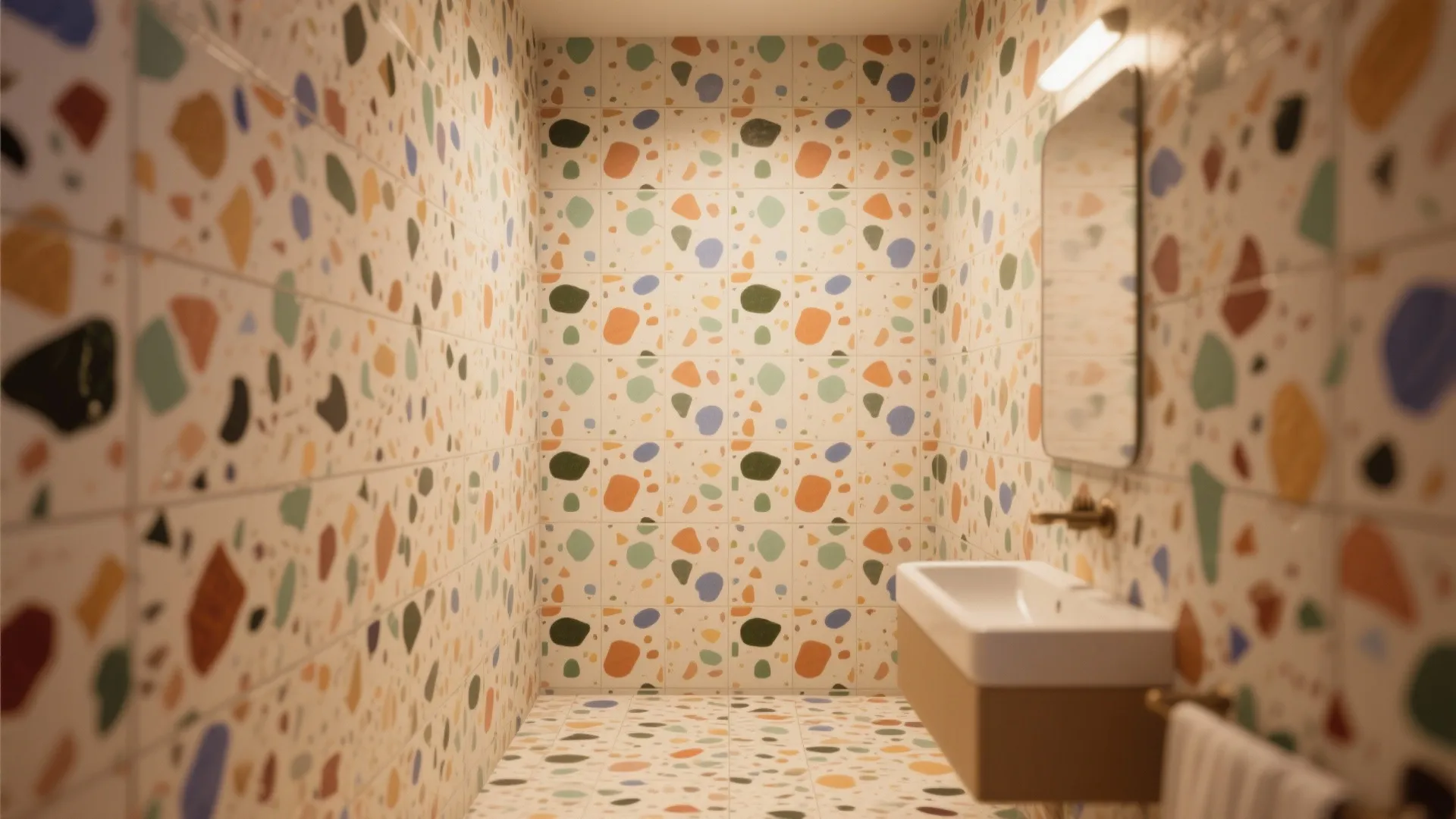 Modern bathroom featuring colorful stone pattern wall tiles white sink mirror and warm wall light