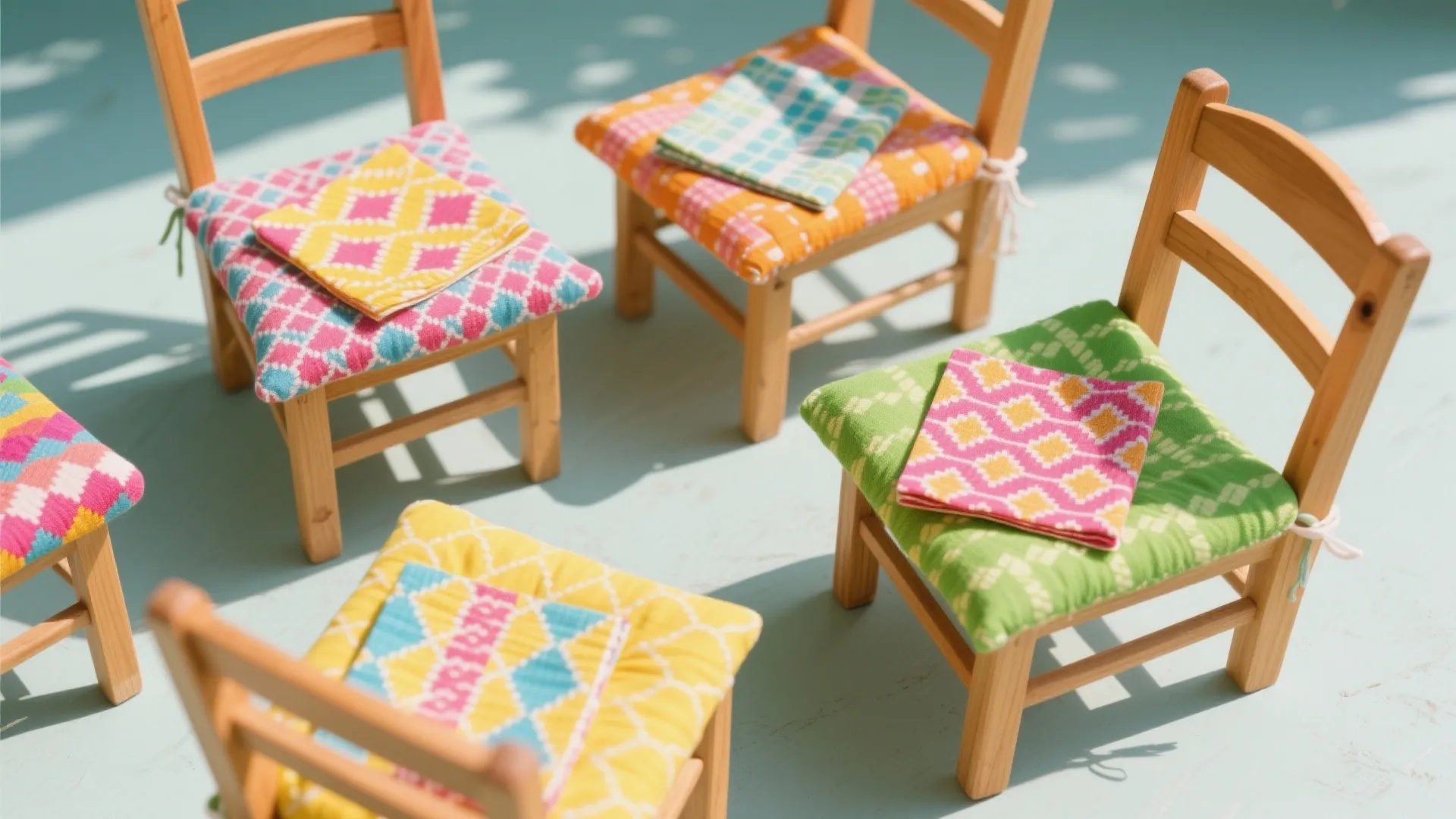 Small wooden chairs featuring colorful patterned fabric cushions arranged on a light blue floor in sunlight