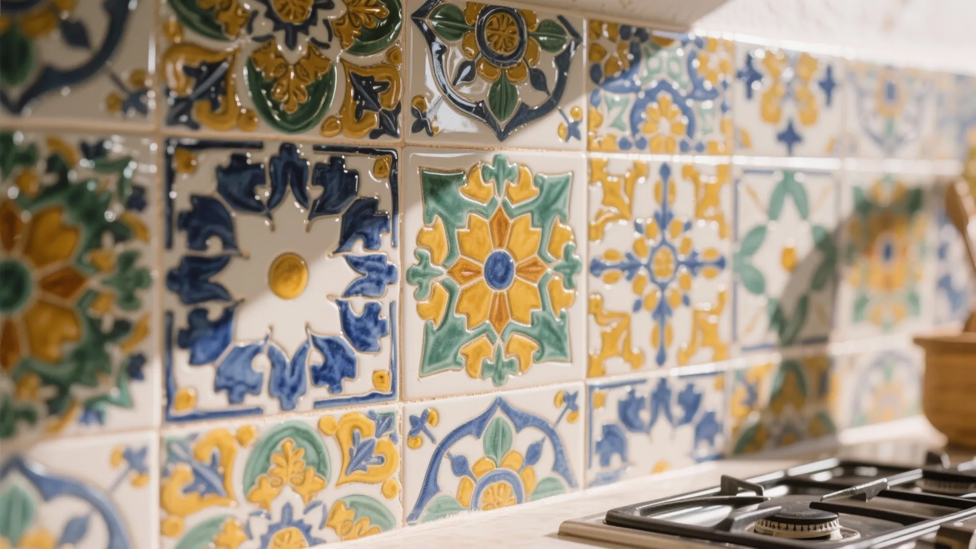 Close up of colorful pattern wall tiles in yellow blue and green behind a kitchen stove