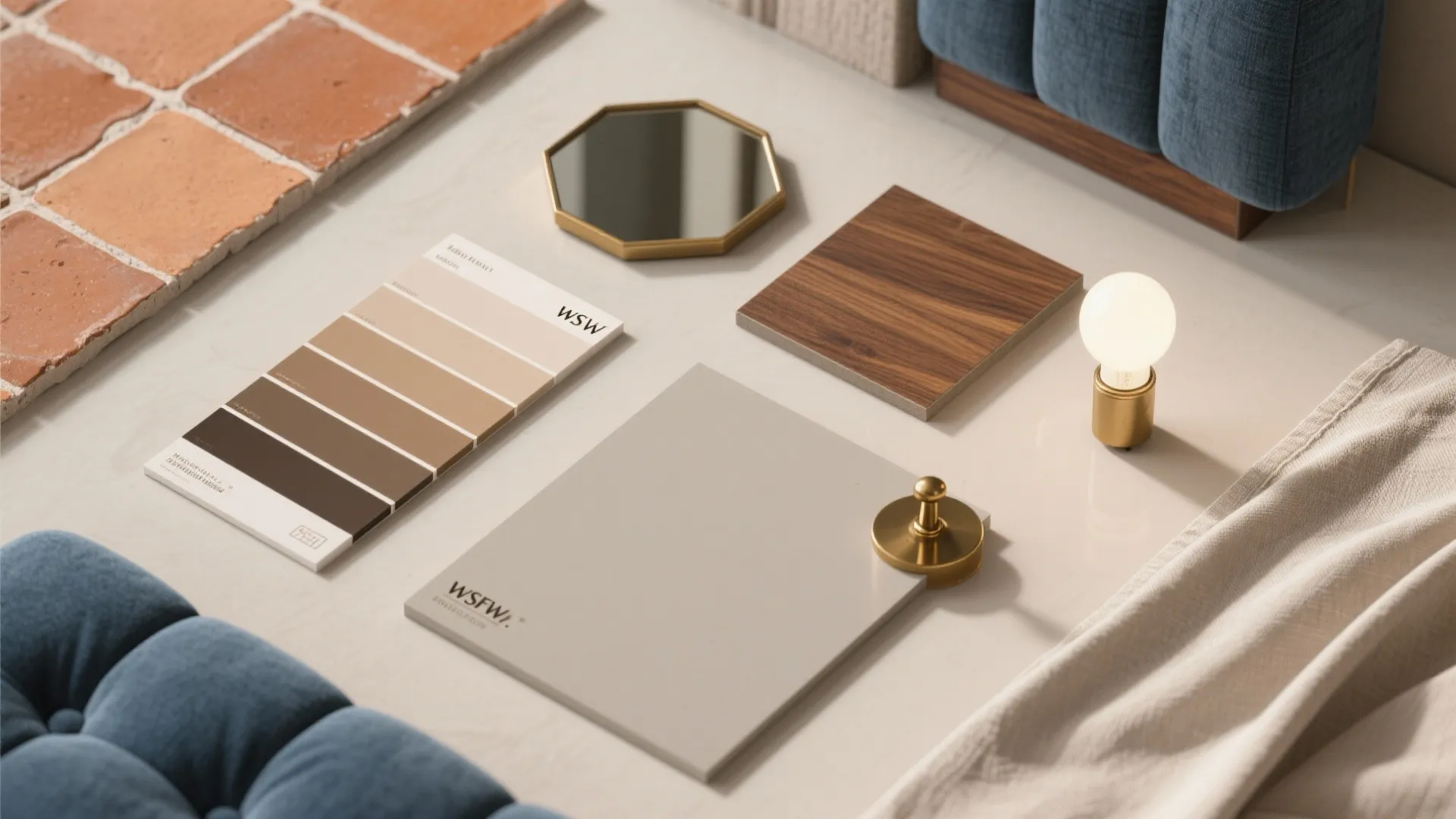 Interior design mood board with color swatches wood samples small mirror and a light fixture