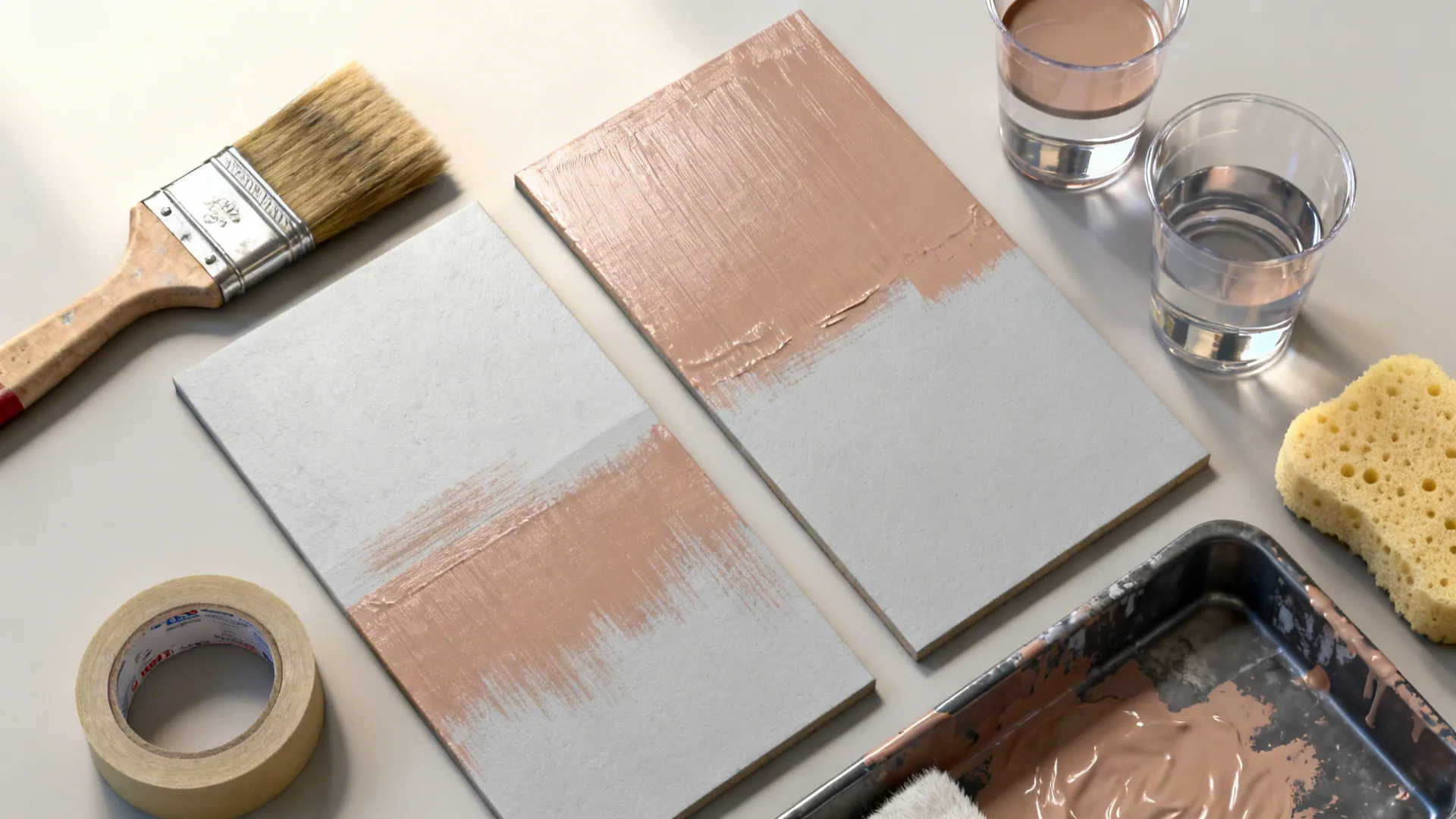 Top-down of brushes, sponge, and sample boards showing pale gray base with taupe glaze wash.