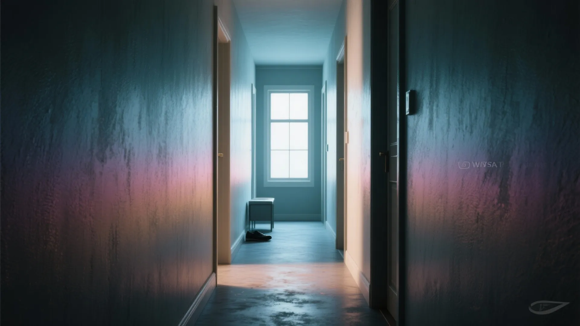 Minimalist long hallway with grey walls leading to a bright window showing soft natural light