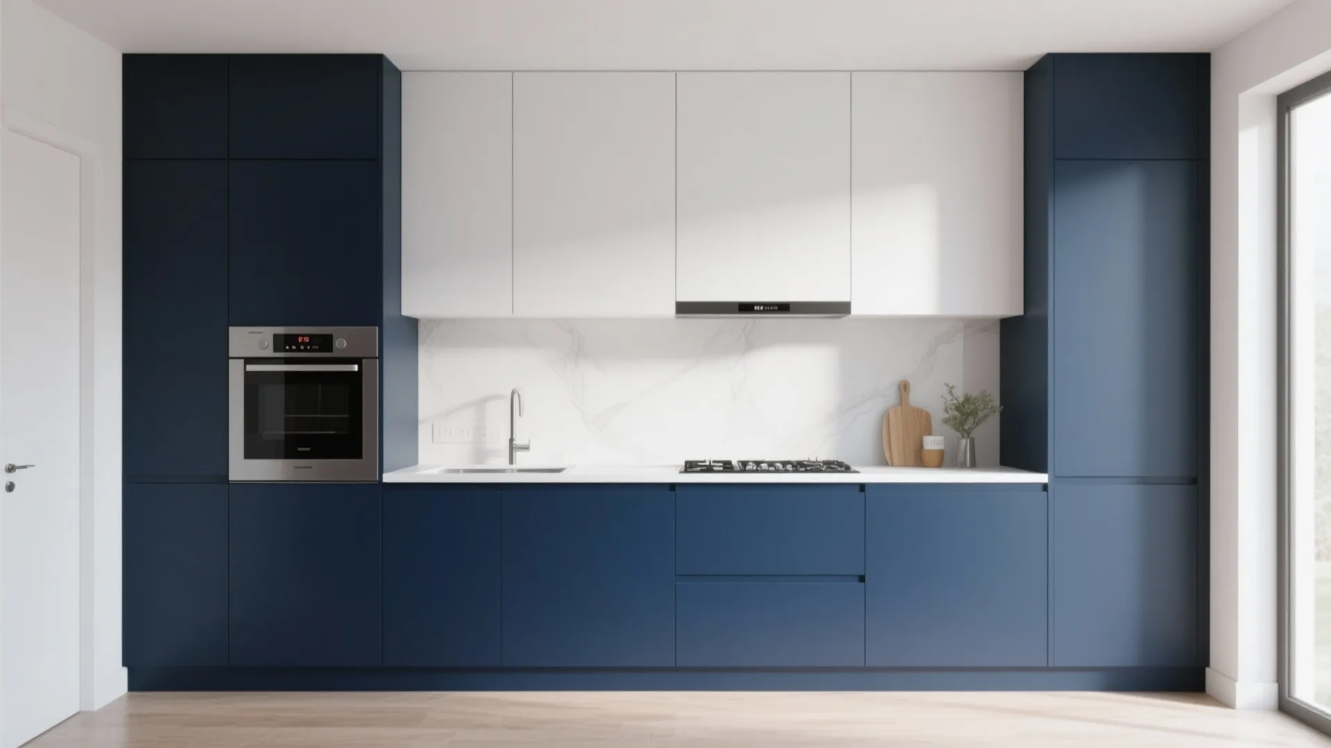 Modern blue and white kitchen cabinets with built in oven white countertop and marble backsplash