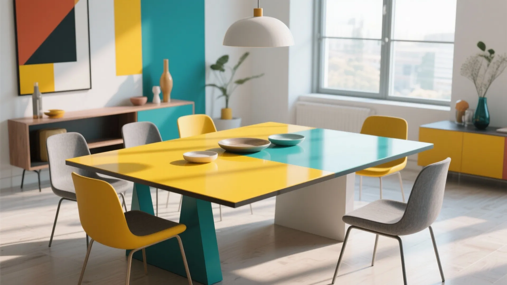 Bright dining area with yellow and blue table plus colorful chairs in modern apartment setting