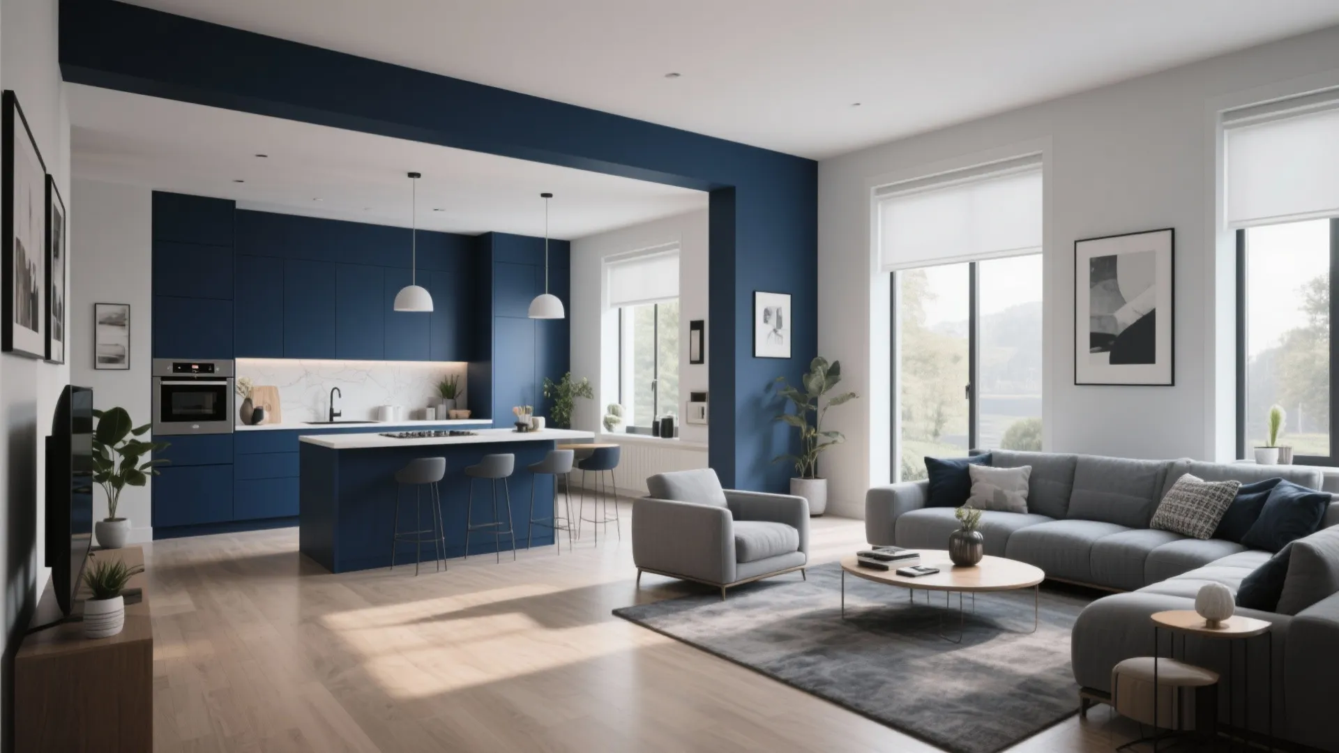 Open plan kitchen in navy and lounge in soft grey creating zones