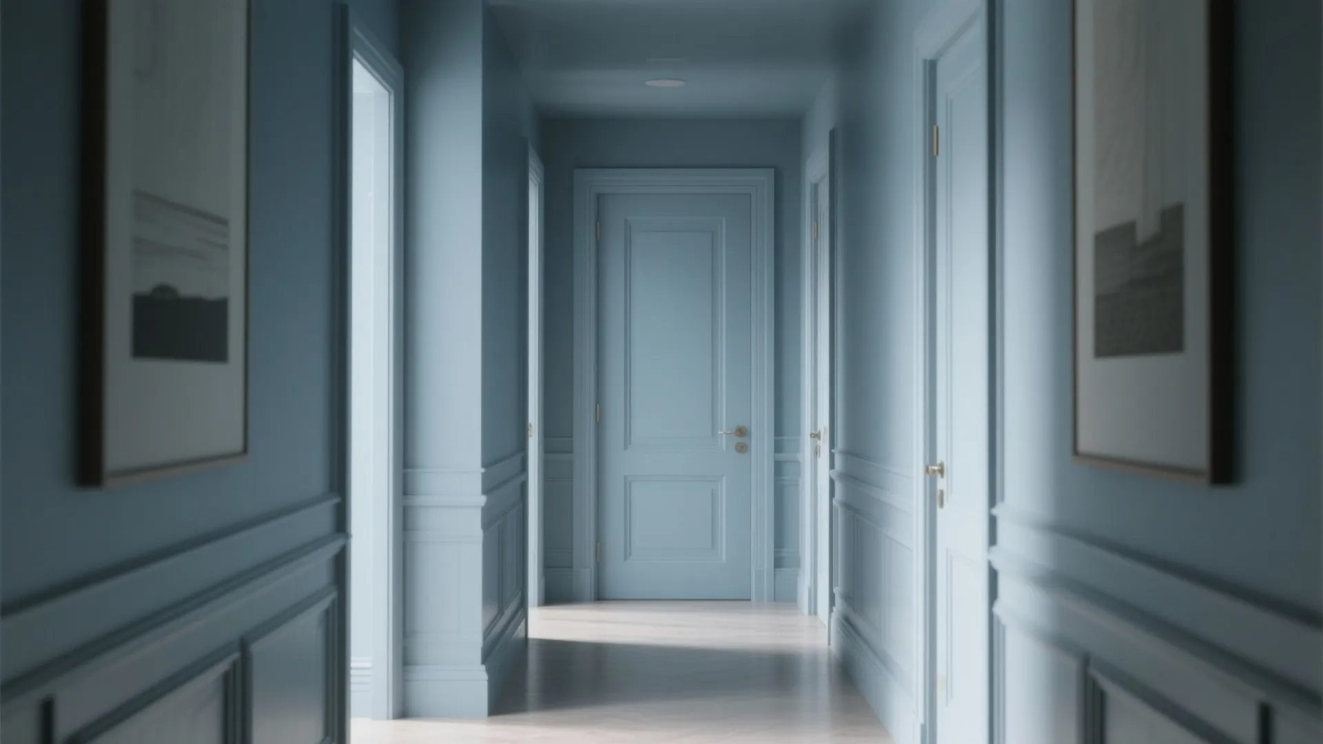 Muted blue-gray hallway with walls, trim, and doors drenched in one hue for a tailored, cohesive look.