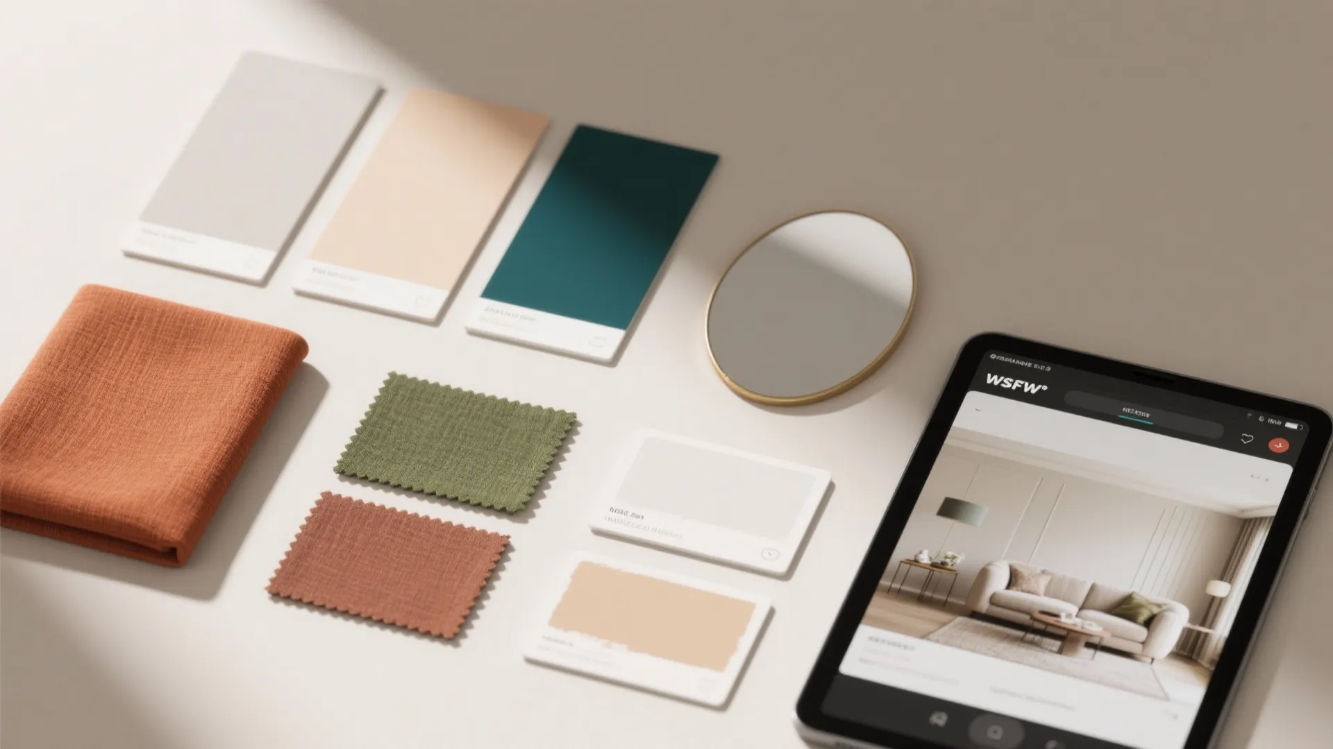 Flatlay of color chips, fabric swatches, mirror sample and paint finish cards for drawing room decisions.