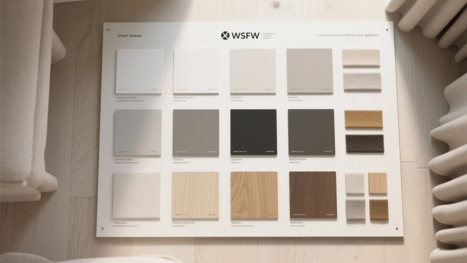 A white board showing different material samples including wood finishes fabric pieces and paint colors
