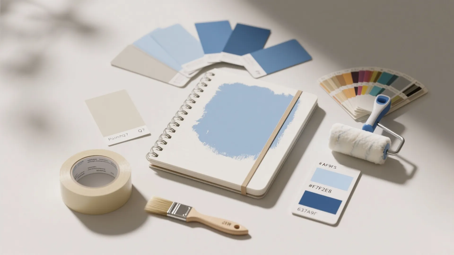 Interior design planning flat lay with blue color swatches notebook paint roller and white brush