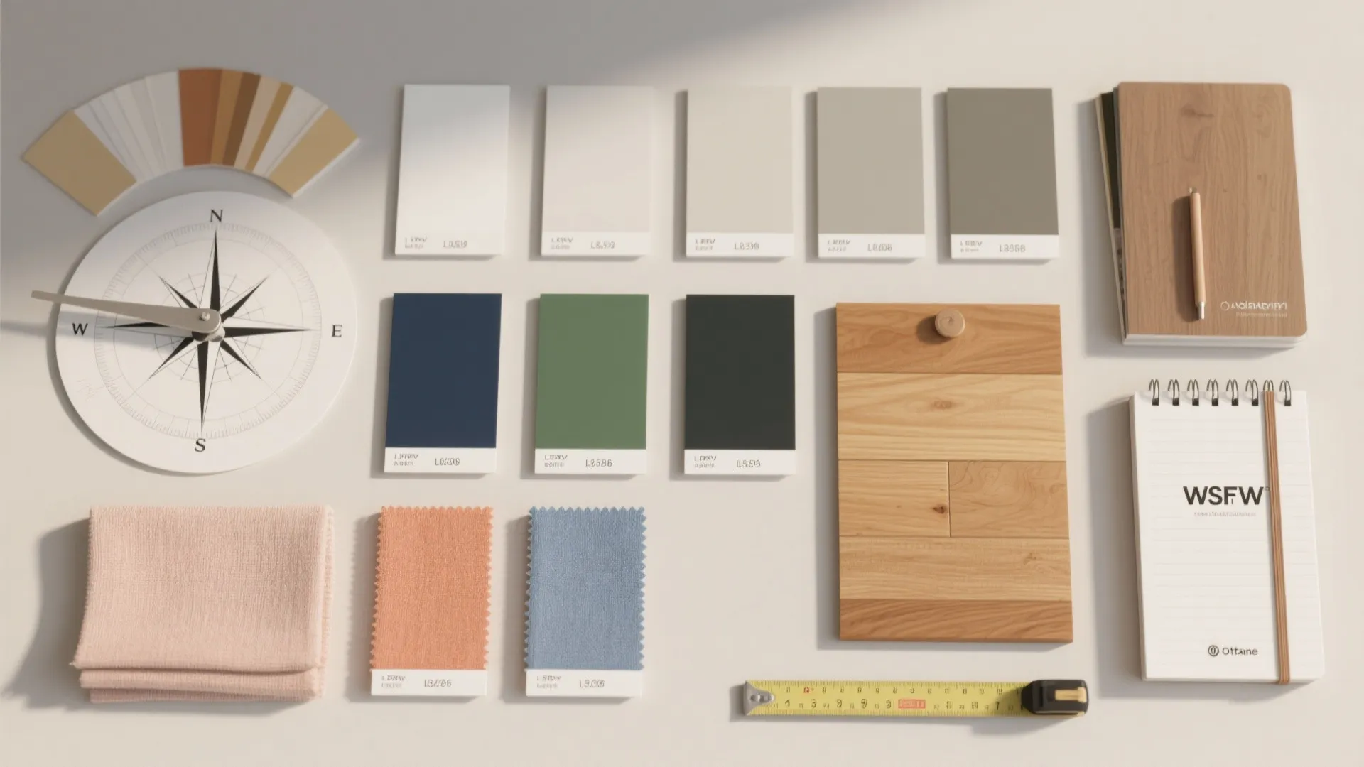 Interior design mood board with various color swatches compass fabric samples wood panels and tools