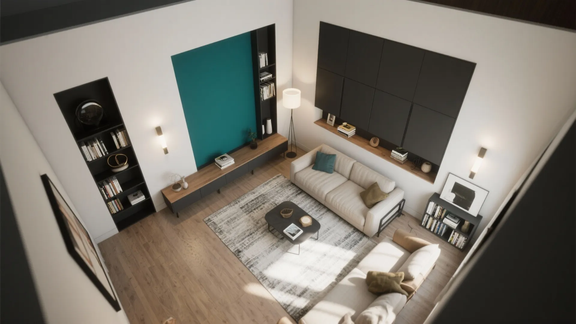 Top view of modern living room layout with two sofas black cabinets and teal accent wall