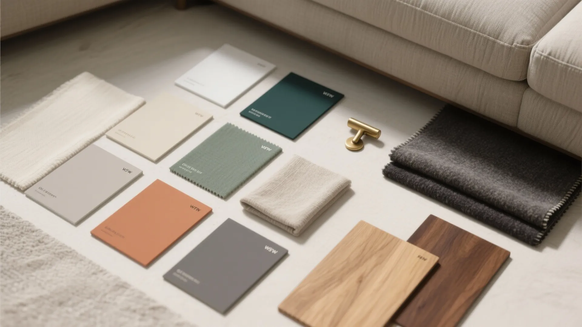 Interior design material samples showing various fabric colors wood pieces and small gold light fixture parts