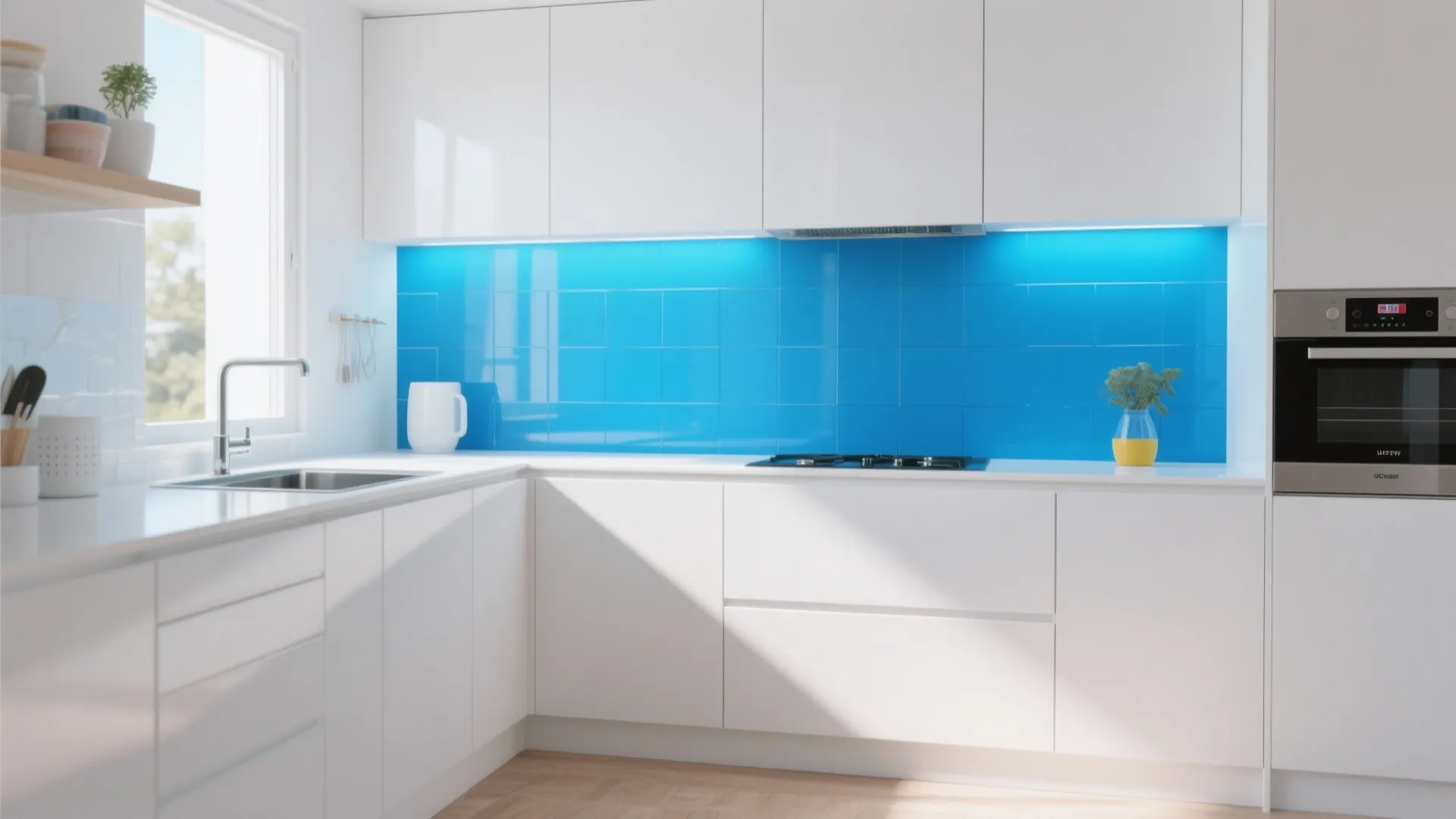 White kitchen with cobalt blue glass splashback