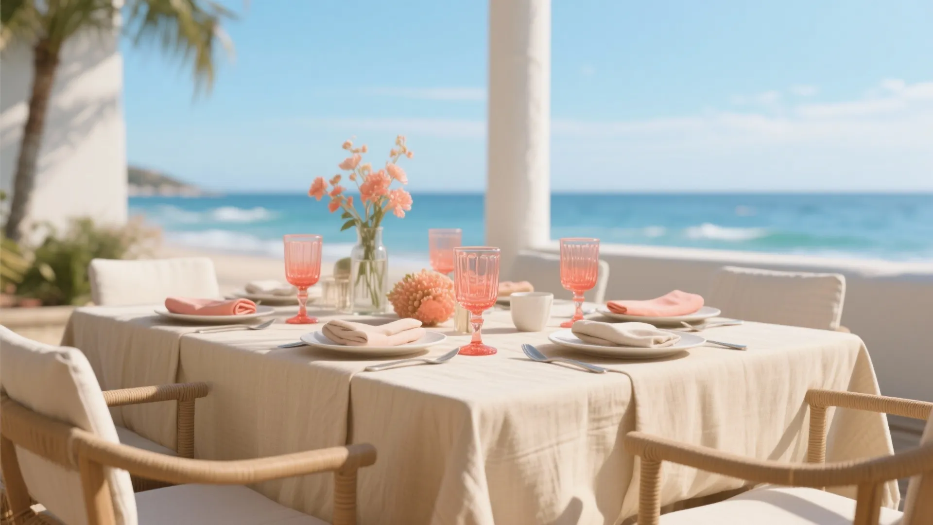Outdoor dining table with pink glasses and flowers on beach terrace overlooking blue ocean waves