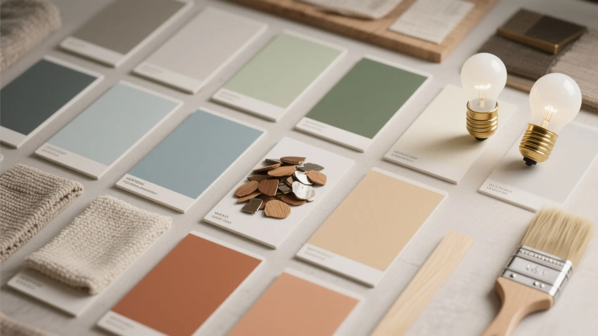 Interior design mood board with colorful paint swatches fabric samples wood pieces and two light bulbs