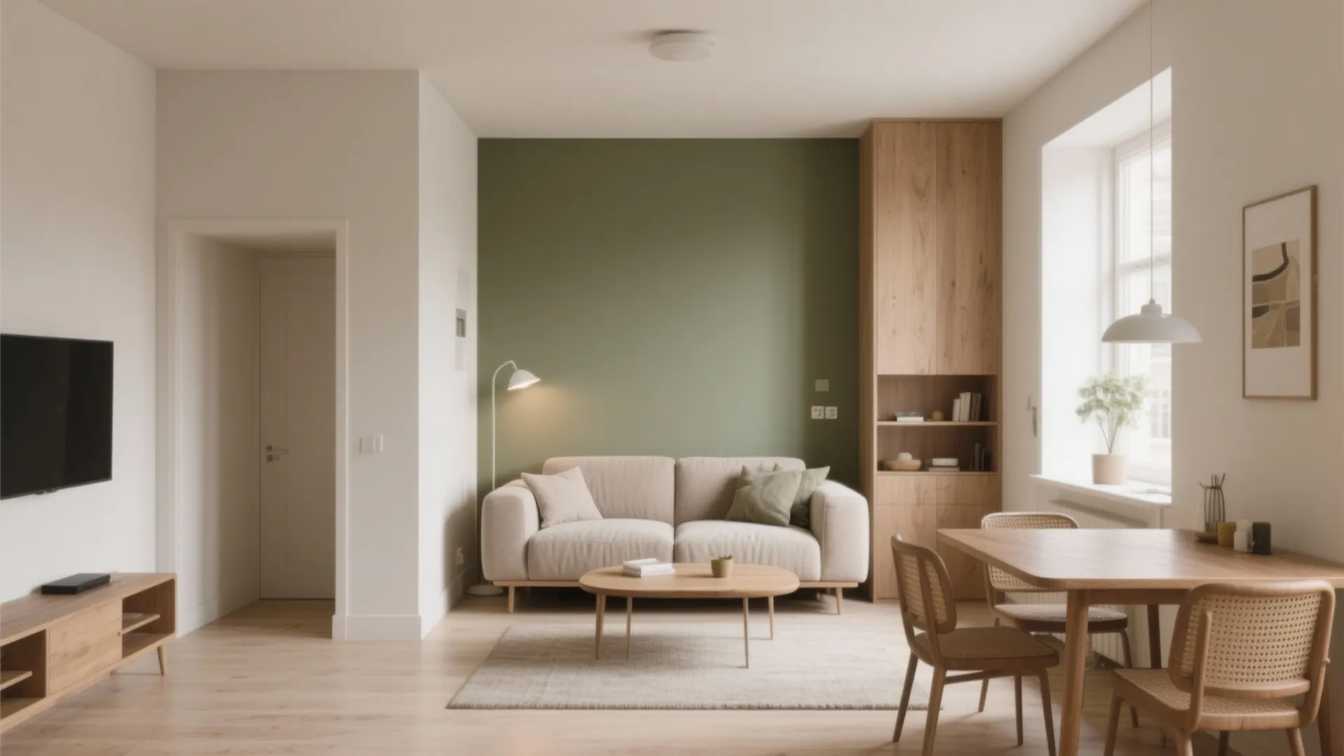 Modern living room with green accent wall beige sofa wood coffee table and dining set