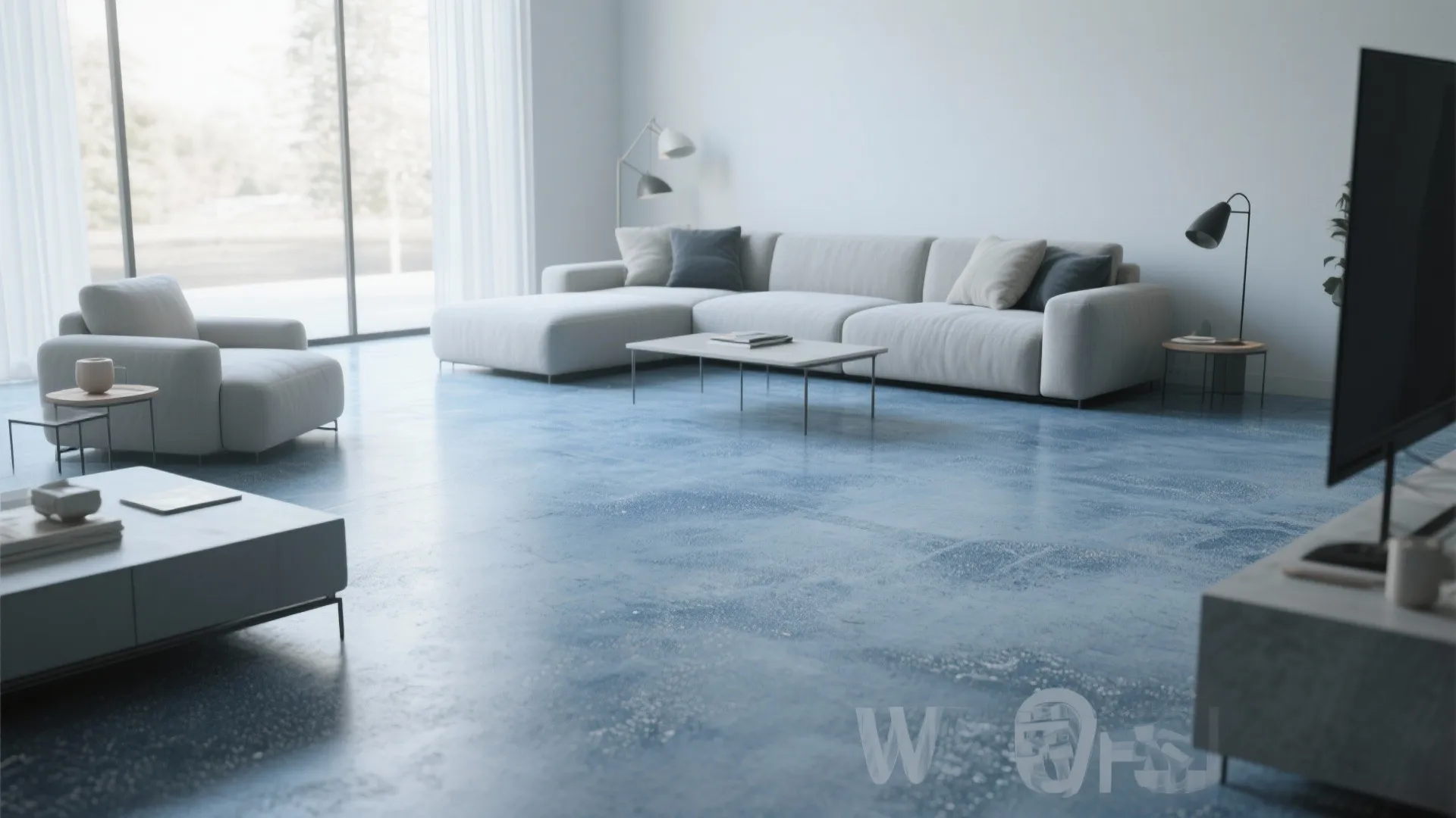 Minimalist white living room with blue concrete floor a large sofa and bright natural light