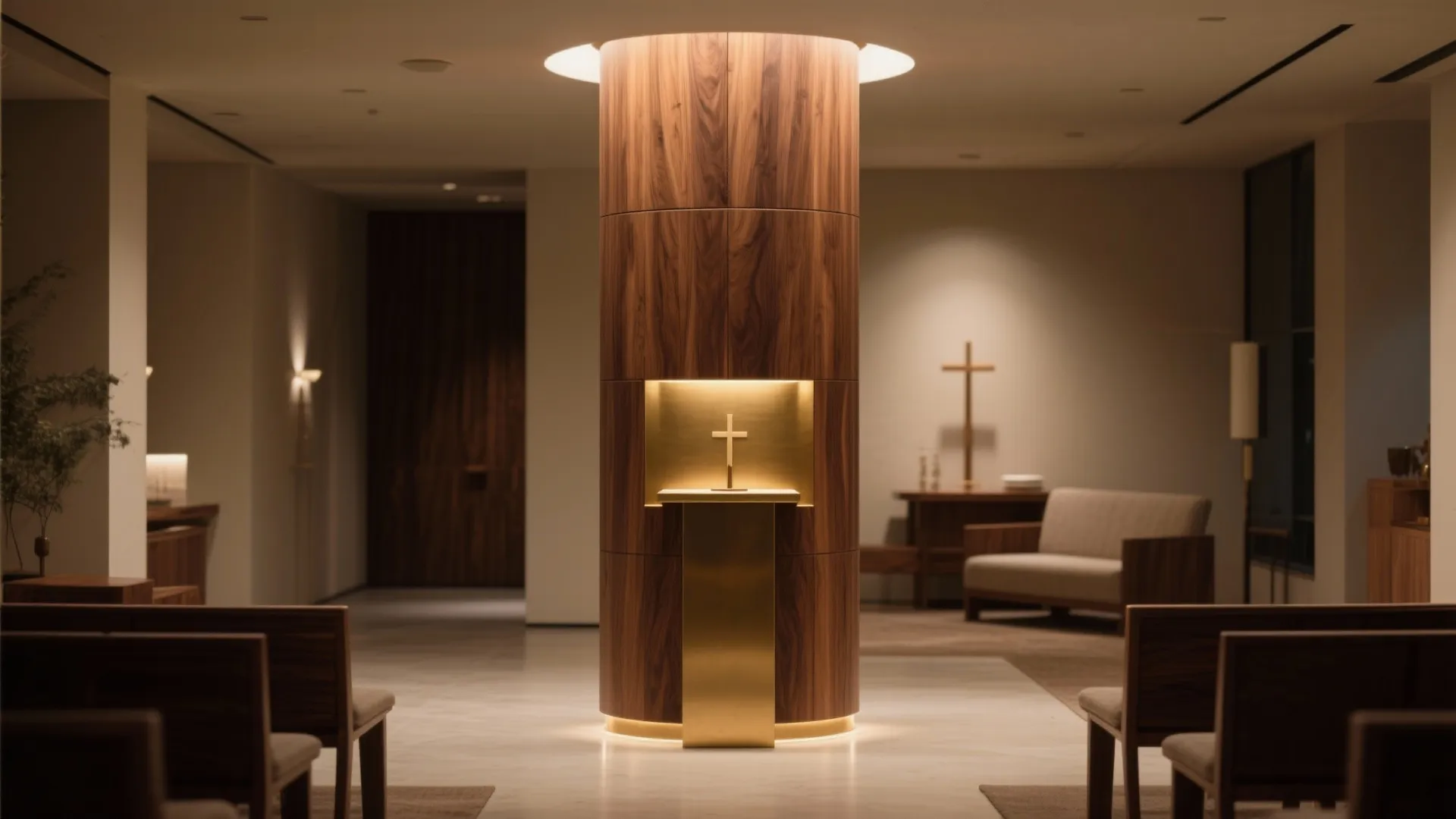 Modern prayer room with a wooden column altar, gold cross, warm lighting, and quiet seating