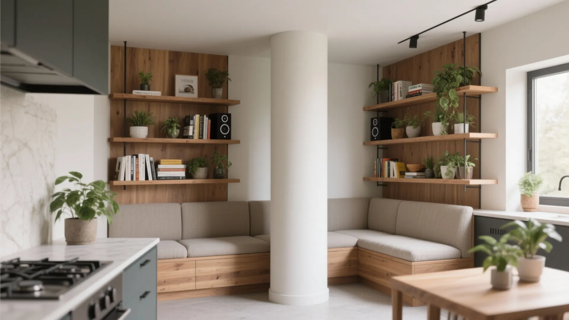 Wrap-around storage and banquette seating