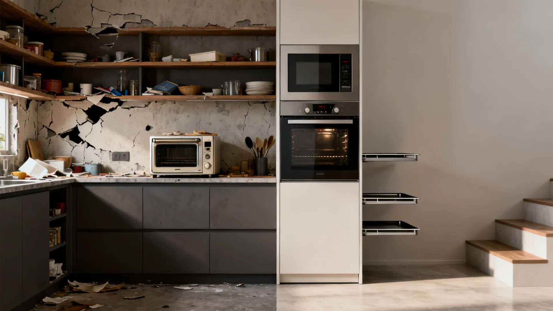 Before-and-after showing cluttered wall transformed into an integrated appliance column with landing space.