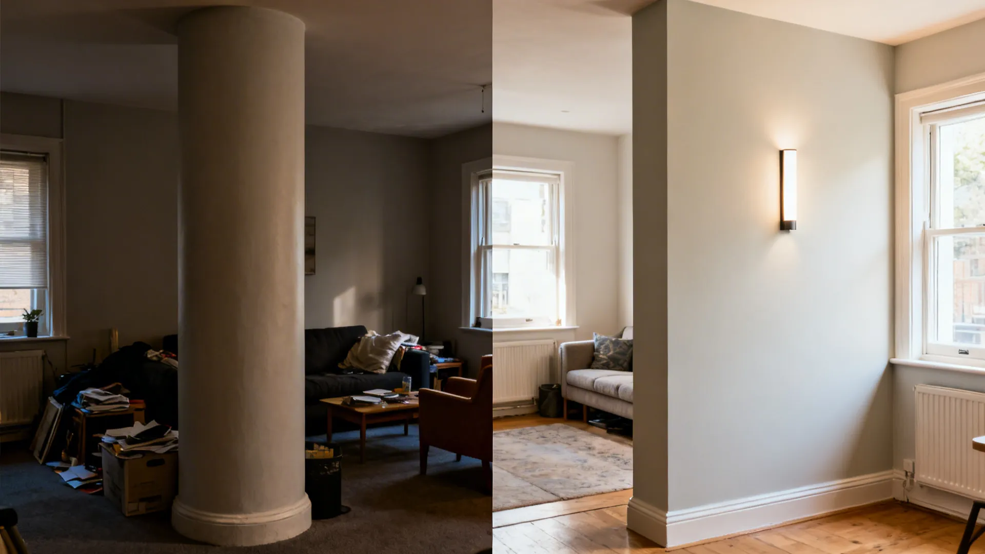 Before-and-after of a living room column from plain bulky to refined with a slim sconce and tone shift.