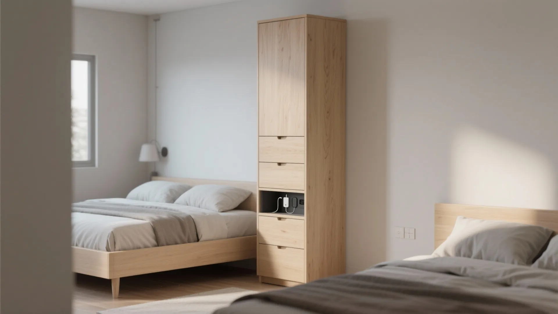 Tall slim column cabinet beside a bed with stacked drawers and a concealed charging station.