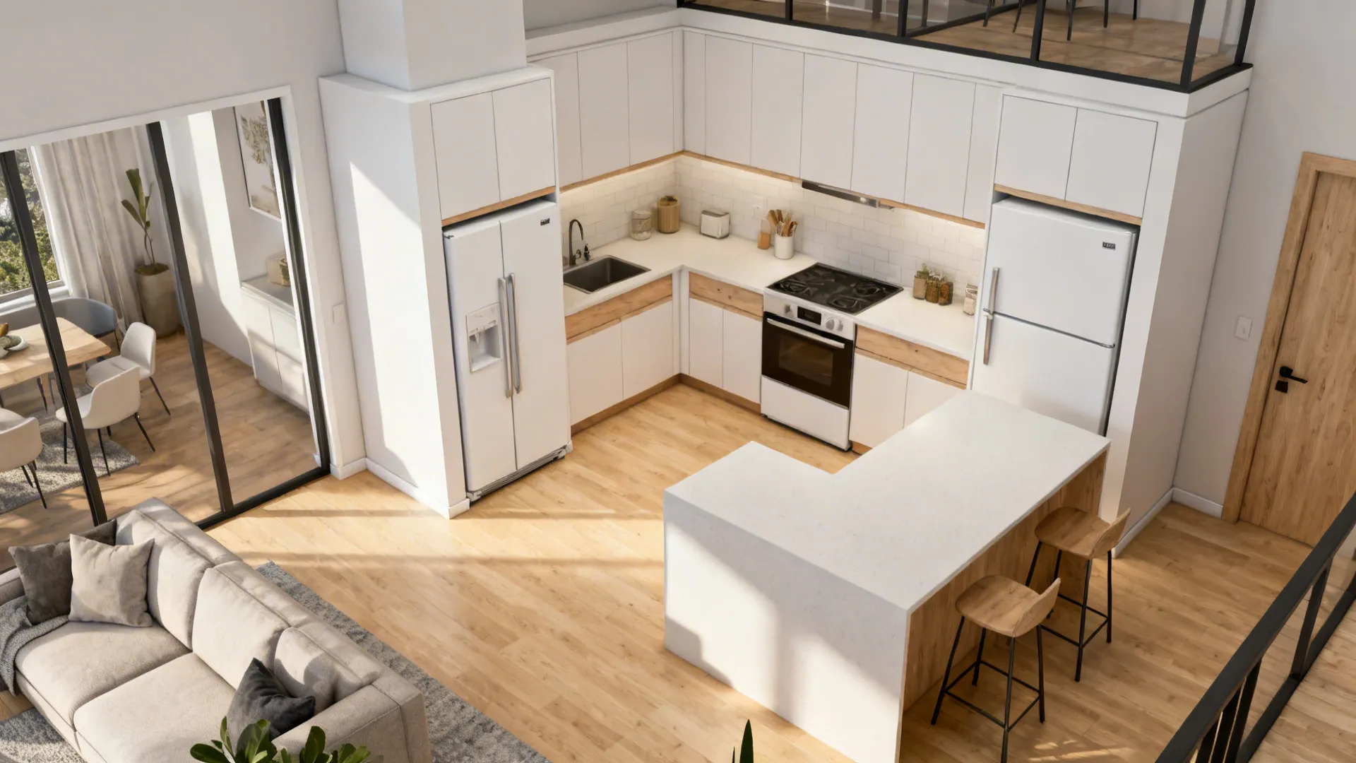 Top-down view showing separate 24-inch refrigerator and freezer columns placed on opposite walls.