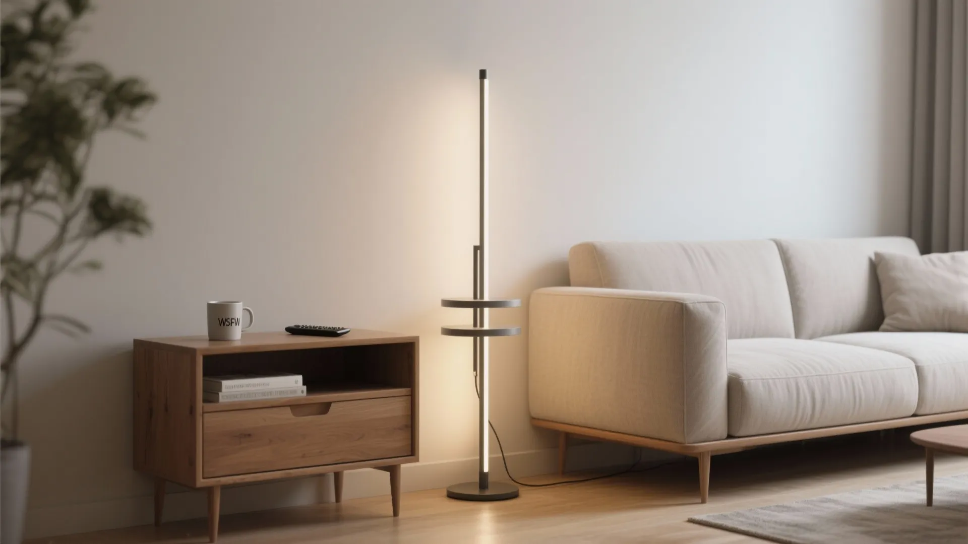3. Slim Column Lamp with Shelves: Two-in-One