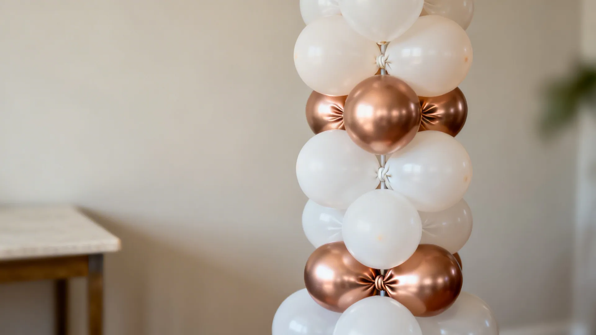 Close up view of a tall column made with many white and shiny copper balloons